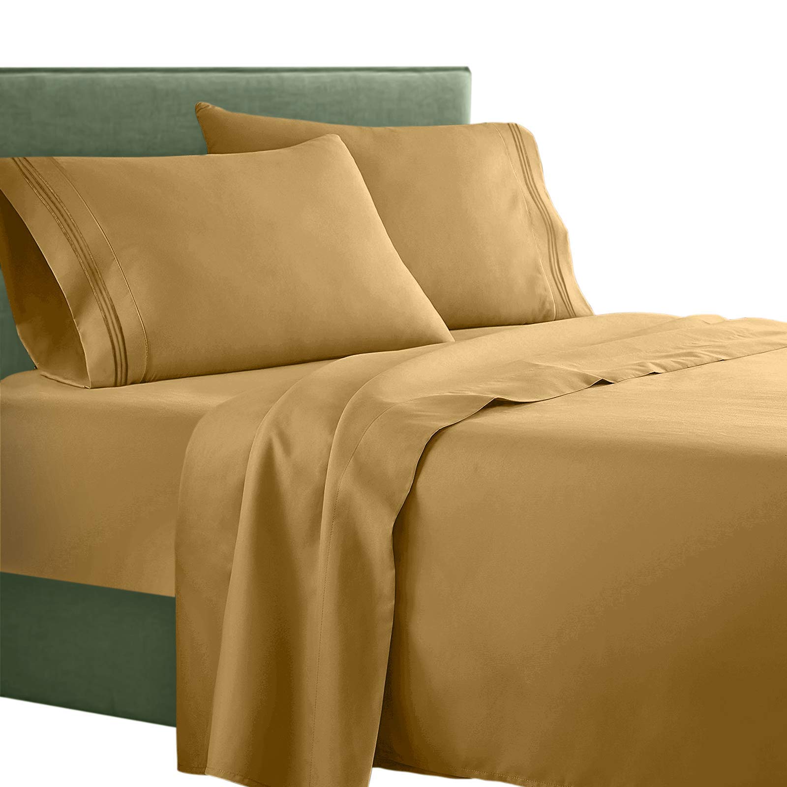 Clara Clark Superior Bed Sheet Set - Double Brushed Microfiber 4-Piece Bed Set - Deep Pocket Fitted Sheet - Cal-King - Camel Gold