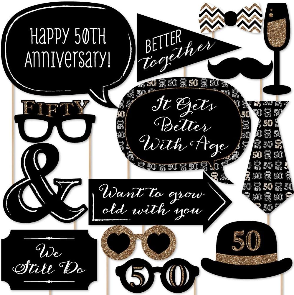 50th Wedding Anniversary Photo Booth Prop Kit, DIY Cardstock Props - 20pc | 50 Years Anniversary Party Decorations, Masks and Speech Bubble Shapes for Adults or Kids, Props Sticks Included, USA-made