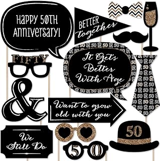 50th Wedding Anniversary Photo Booth Prop Kit, DIY Cardstock Props - 20pc | 50 Years Anniversary Party Decorations, Masks and Speech Bubble Shapes for Adults or Kids, Props Sticks Included, USA-made