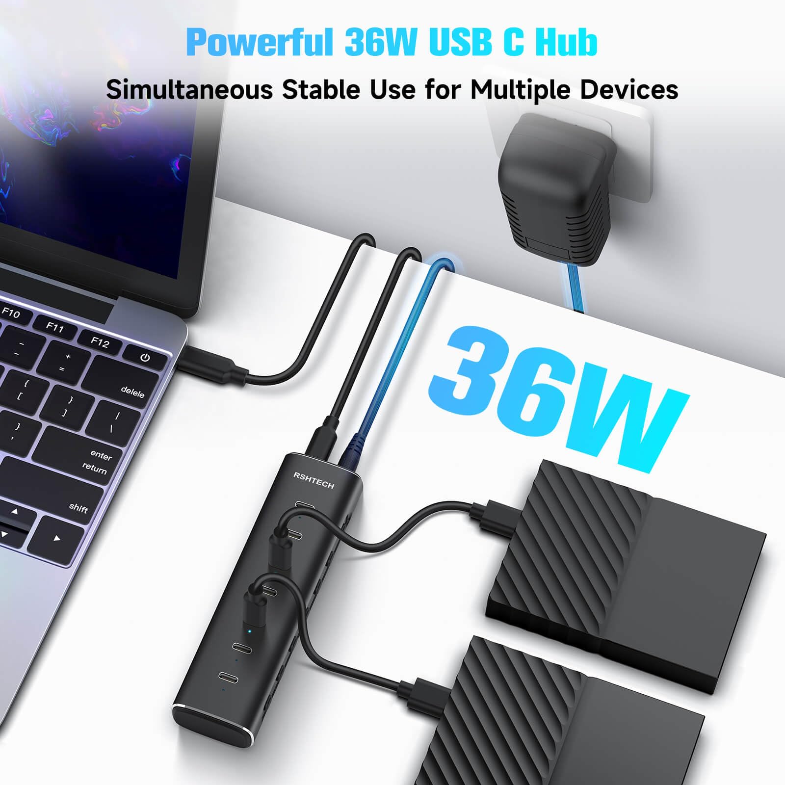 RSHTECH Hub USB C 3.2 de 7 puertos de 10 Gbps con 7 puertos de datos USB-C, interruptores individuales, cable desmontable de 3.3 pies, adaptador de corriente de 36 W, extensor USB de aluminio para