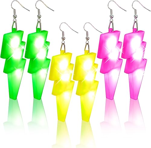 Kenning 3 pares de aretes luminosos de los años 80 y 90 con luces LED de neón para mujer, retro para atuendo de los años 80, accesorios de fiesta