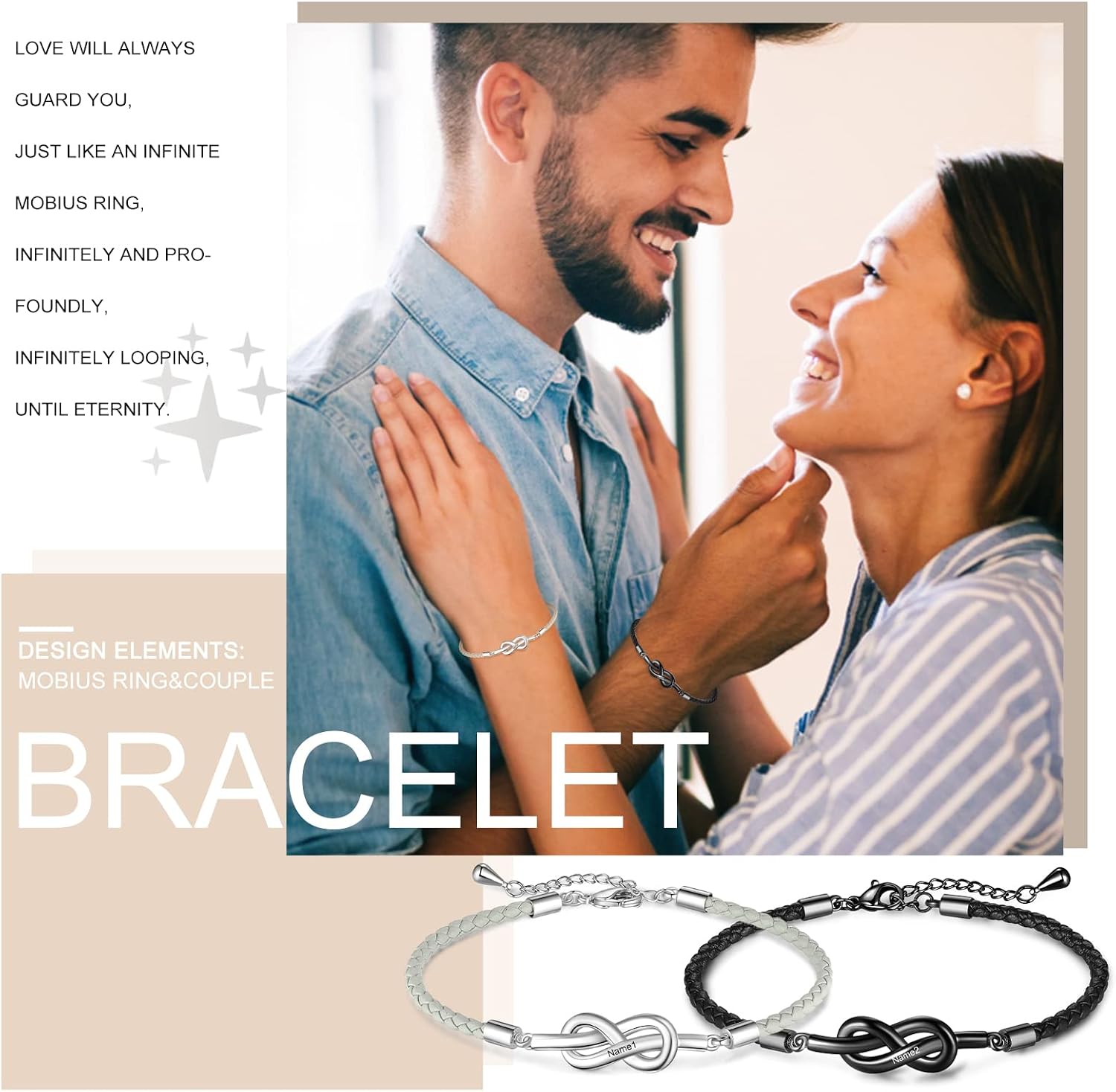 Personalized Custom Name Matching Bracelets for Couples His and Hers Bracelets for Valentine's Day Boyfriend and Girlfriend Mobius Bracelets