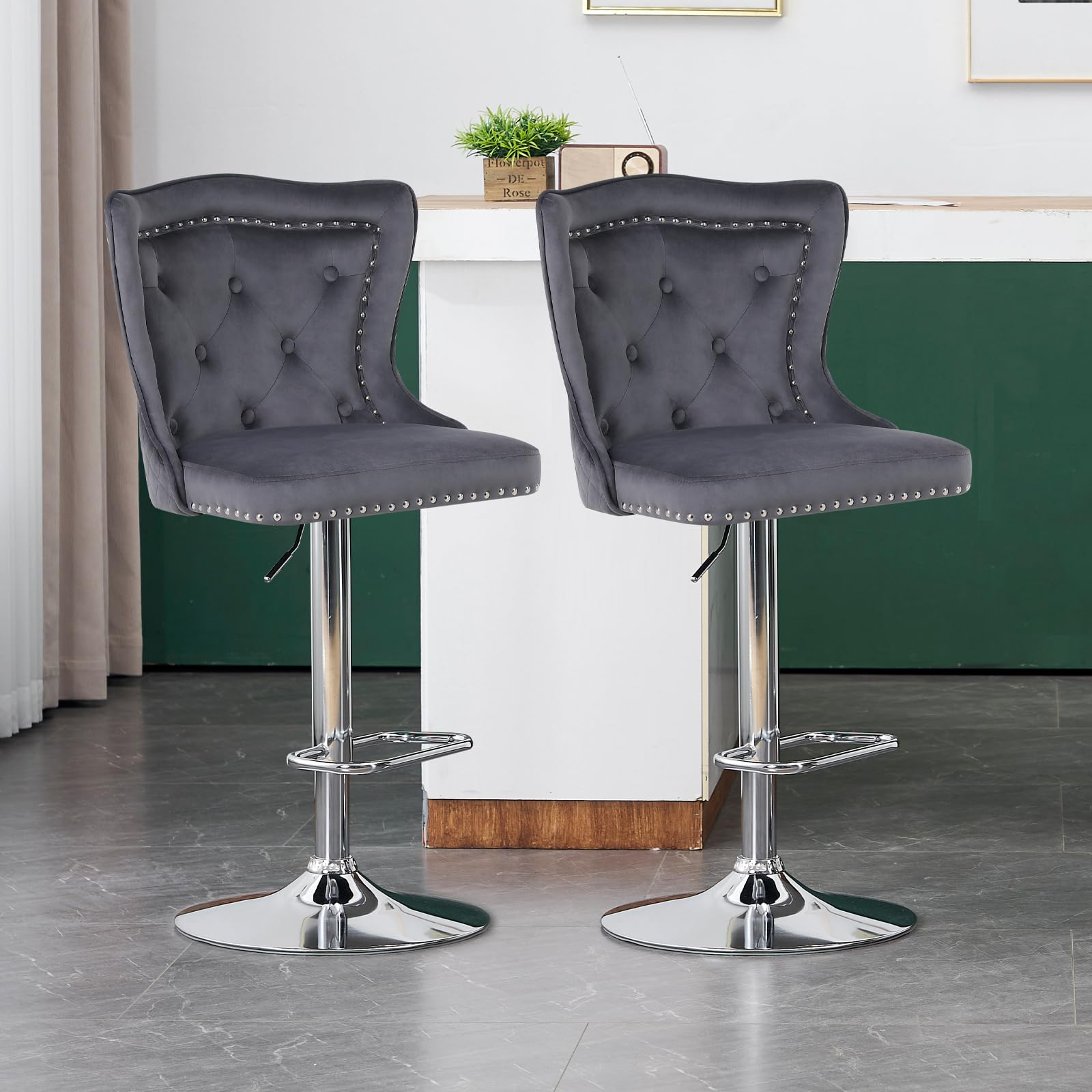 KHISCHMO Set of 2 Luxury Velvet Bar Stools, 360° Swivel Adjustable Counter Height Chairs with Lion Knocker & High Wing Back, Kitchen Island Bar Dining Room, Dark Grey