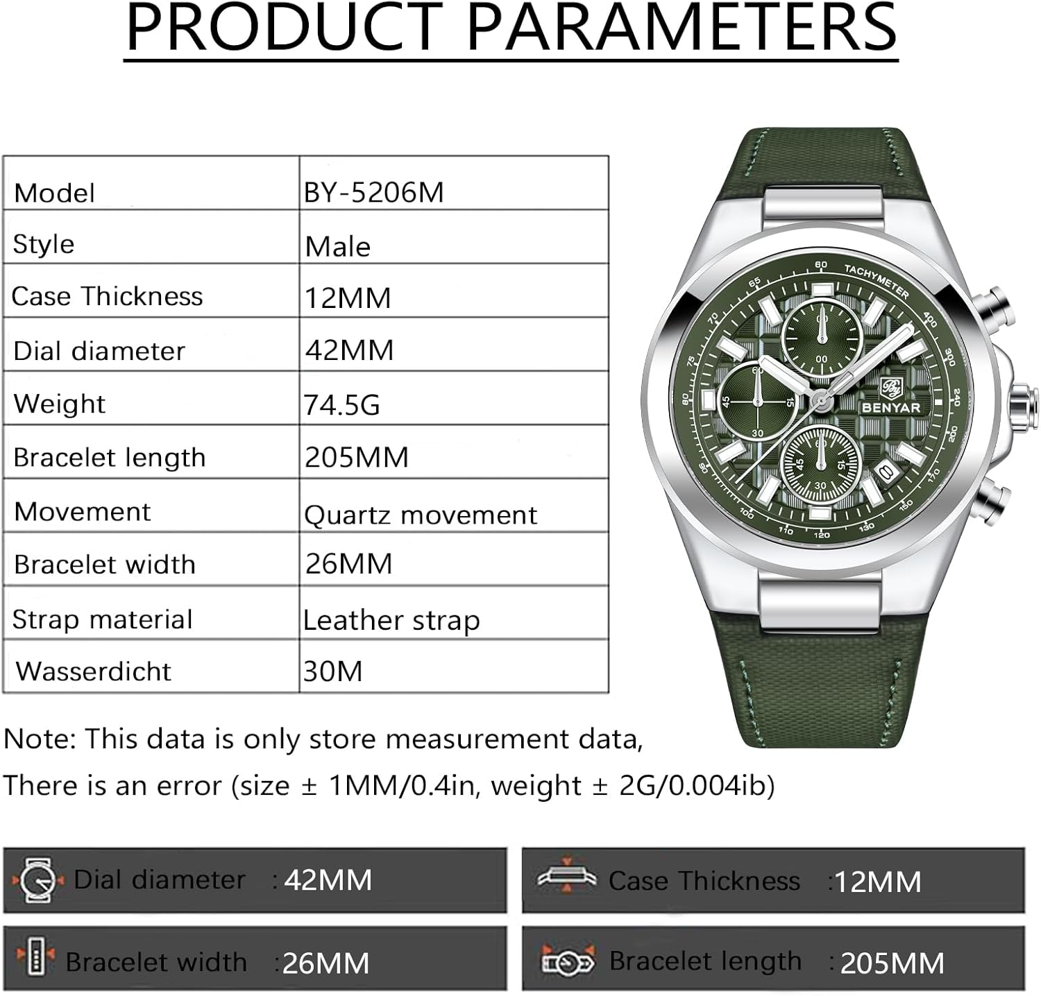 BENYAR Quartz Movement Chronograph 30M Waterproof Luminous Date Classic Leather Strap Men's Watches SIilver Green image 2 of 6 B0DBZCVHM2
