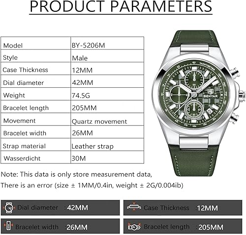Vista 2 de BENYAR Cuarzo Movimiento Cronógrafo 30M Impermeable Luminoso Fecha Clásico Correa de Cuero Relojes para Hombre SIilver Verde