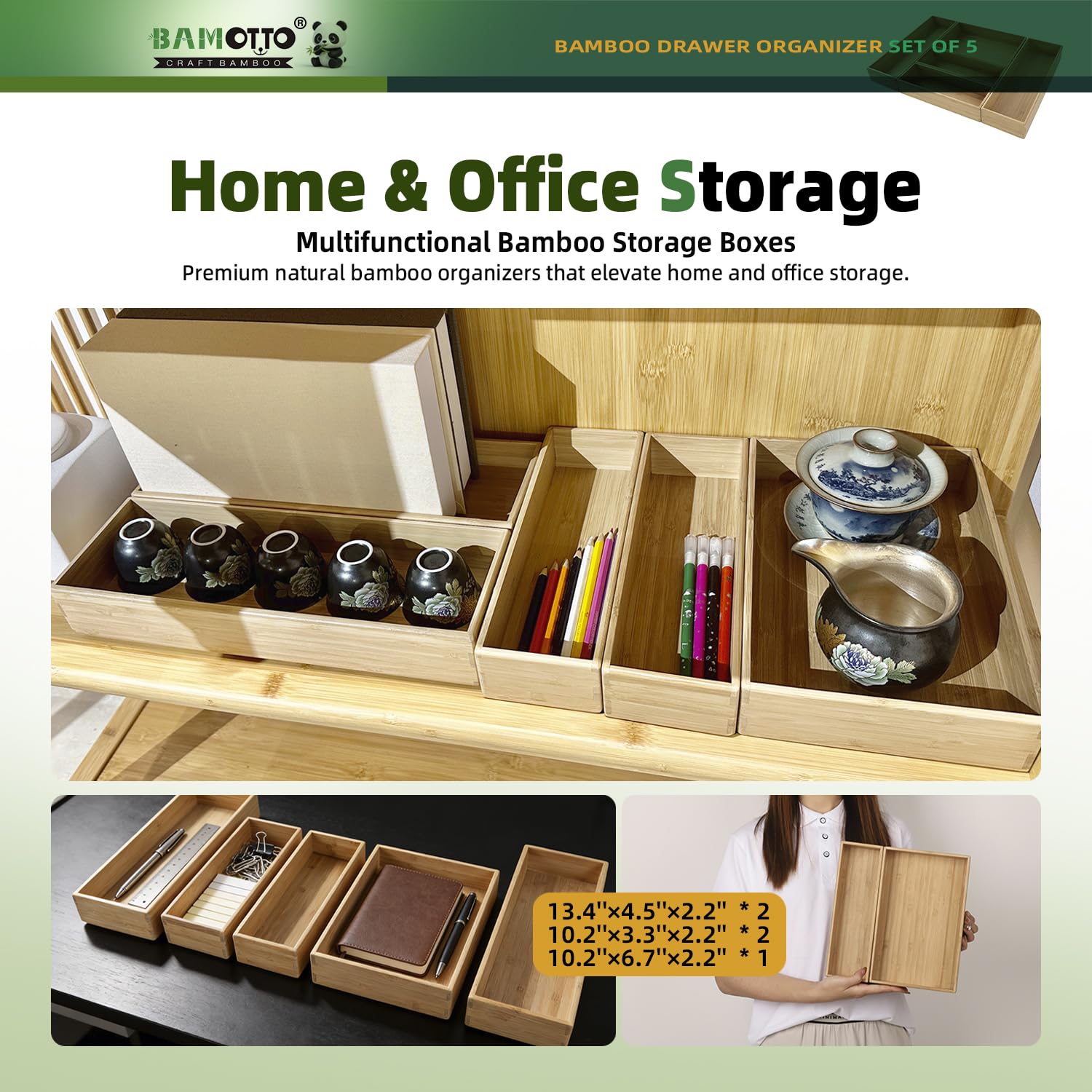 BAMOTTO bambusowy organizer do szuflad, zestaw 5 sztuk, na przybory kuchenne, sztućce i sztućce, laminowany drewnem, organizer do szuflad, do kuchni, sypialni, salonu, pudełko do przechowywania