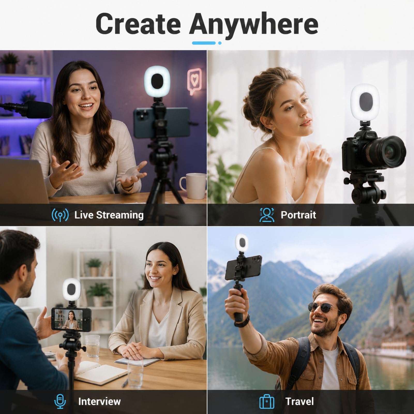 Anneau Lumineux Portable pour Appareil Photo, lumière de Remplissage d'appareil Photo, Lampe vidéo LED avec 3 Modes avec Batterie et Adaptateur de Griffe pour vlogging,