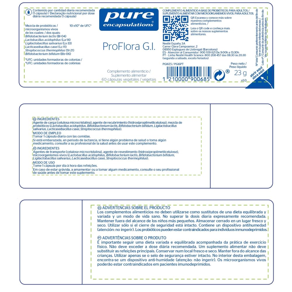 PURE ENCAPSULATIONS Pro Flora G.I., Mezcla de Probióticos, Ayuda al Sistema digestivo, 60 Cápsulas Vegetales