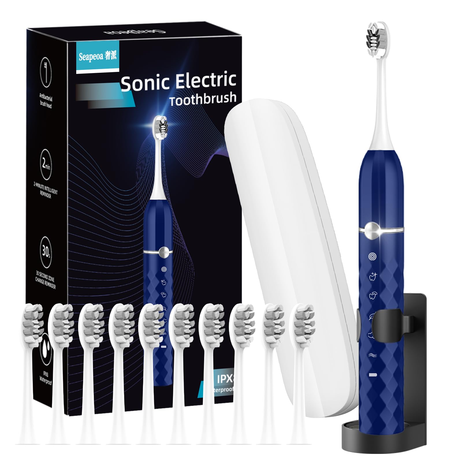 Seapeoa Set di spazzolini elettrici, dotato di 10 testine e custodia da viaggio, impermeabile IPX8, timer da 2 minuti, 42000 vibrazioni ad alta frequenza, 5 modalità, la prima scelta per regalare