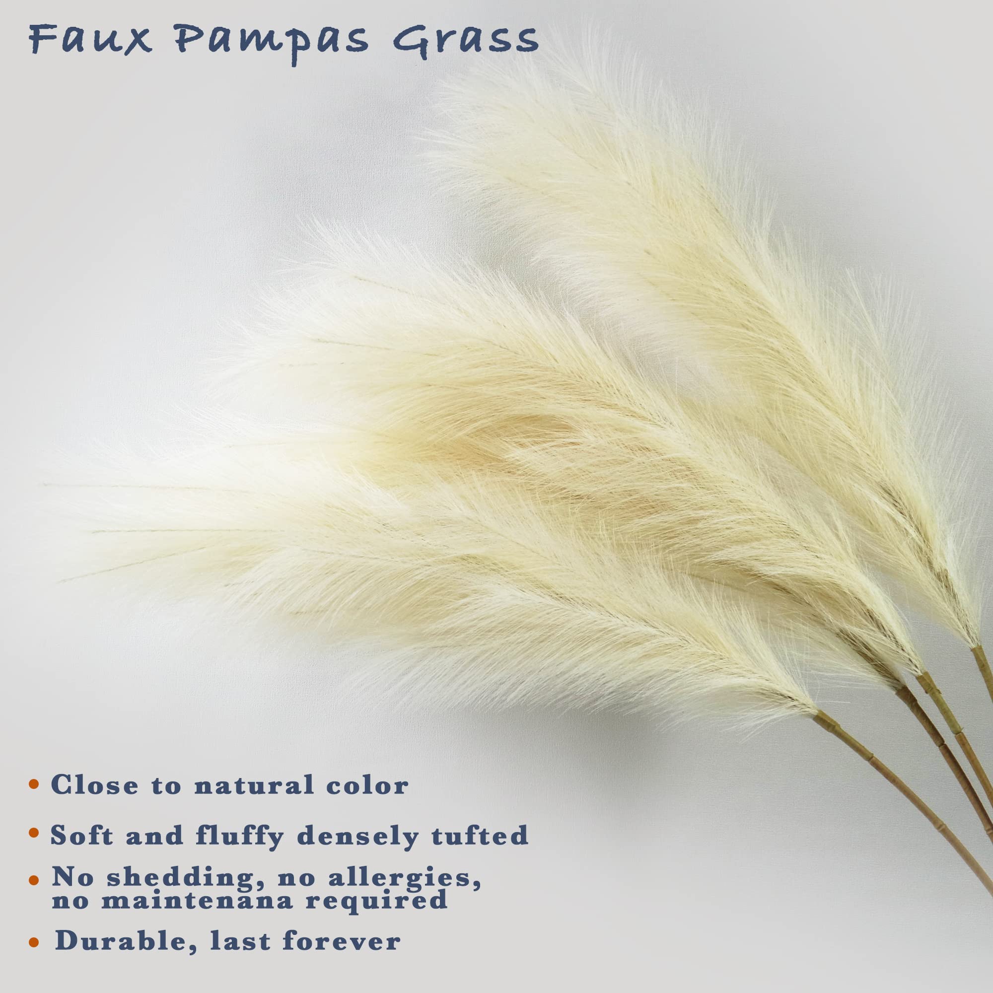 Kunstpampasgras, hoch, 109,2 cm, fusselfrei, groß, flauschig, Schilf, Kunstblumen, Federarrangement für Bodenvase, Boho, Bauernhaus, Hochzeitsdekoration, Beige, 4 Stück