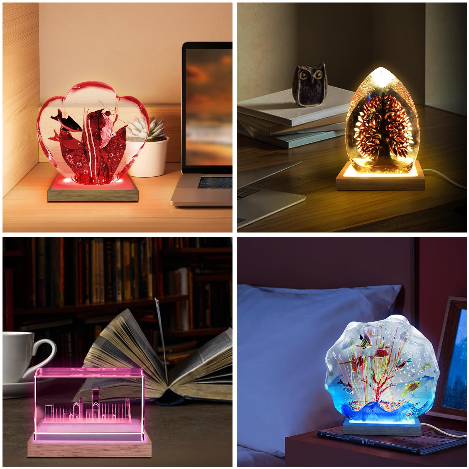Base per display in cristallo regolabile in luminosità per vetro artistico, supporto in legno con luce notturna dimmerabile a 3 colori, base rettangolare a LED per luce artistica in cristallo 3D