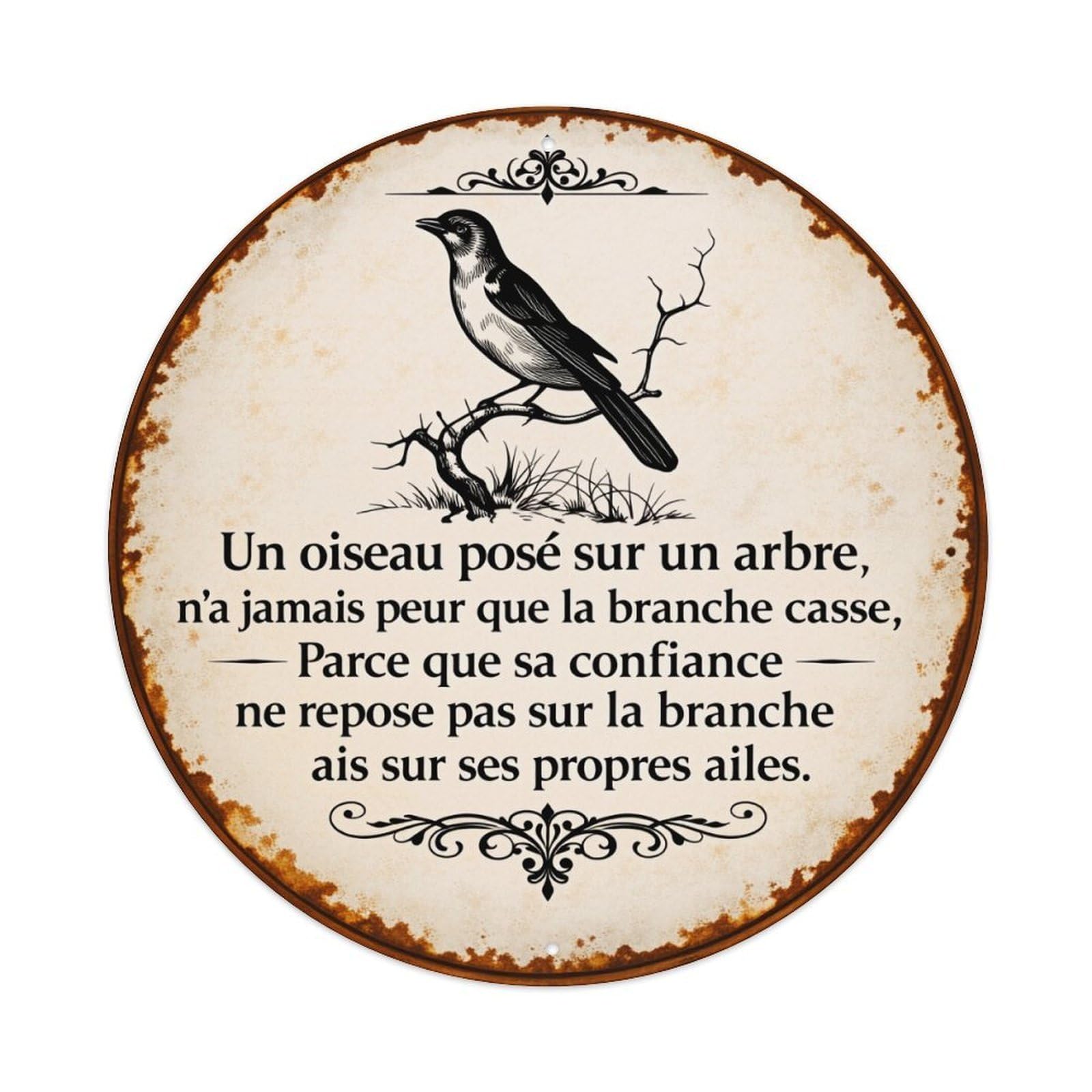 Bird On Branch With Inspirational French Quote Metal Tin Sign Plaque