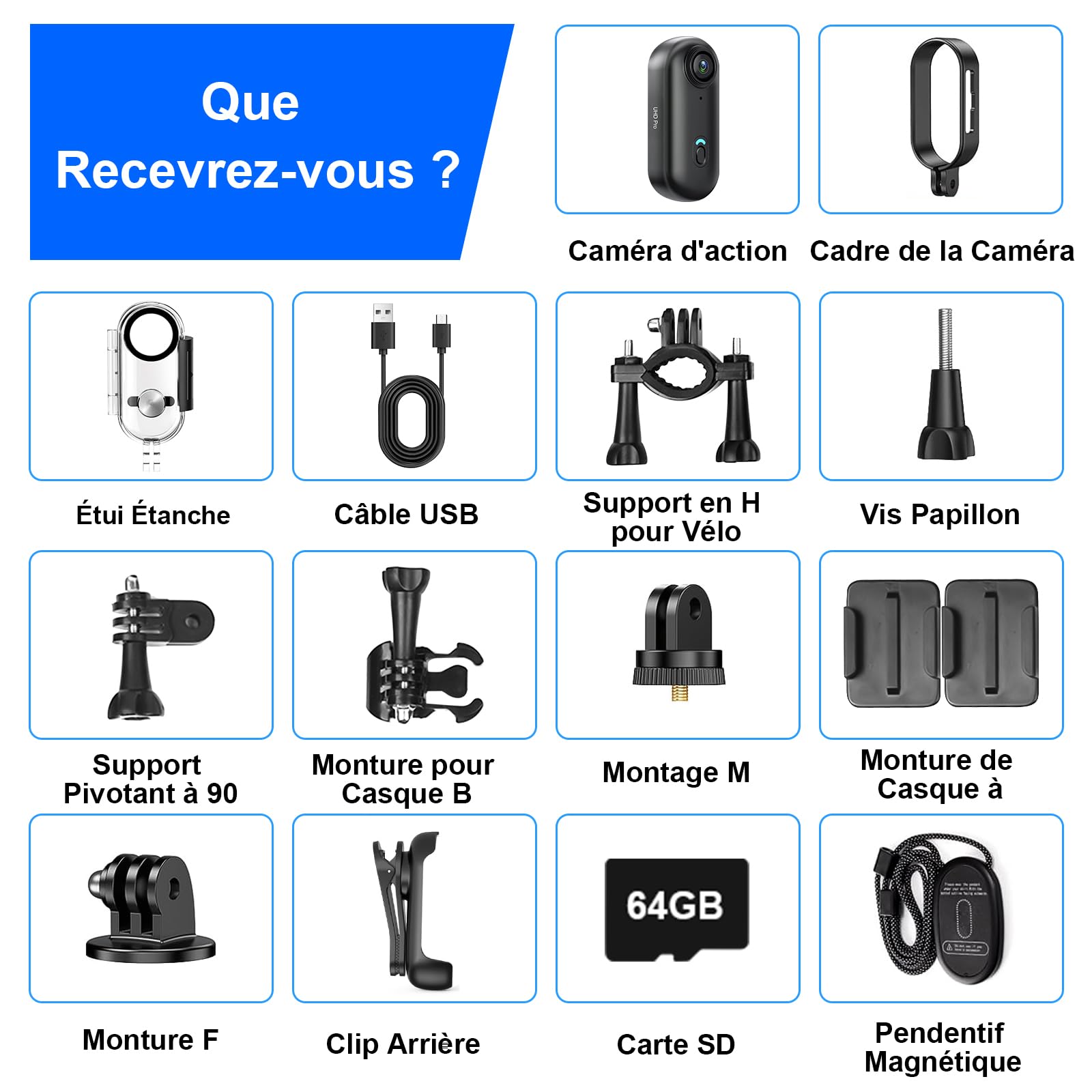 Caméra d'action 64GB, Caméra d'action WiFi pour Casque de Moto, Caméra Vidéo Portable HD 1080P, Mini Caméra de Corps de Sport avec Clip Rotatif 360°, Étui Étanche et Multiples Accessoires