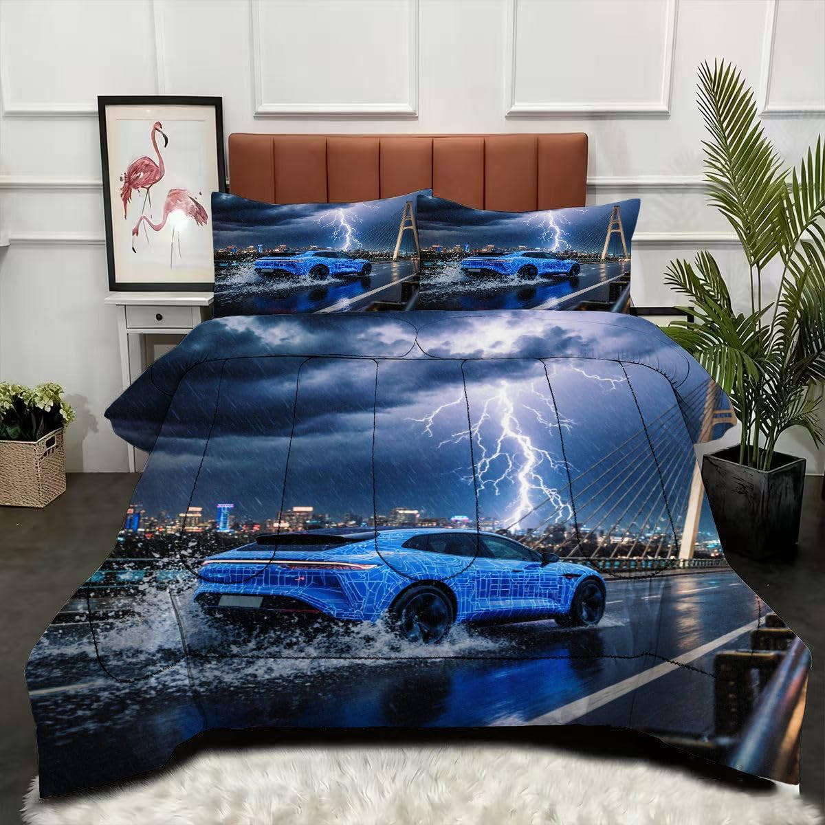 Couette légère chaud 160x200 cm parure de lit voiture de sport 3D 2 taies