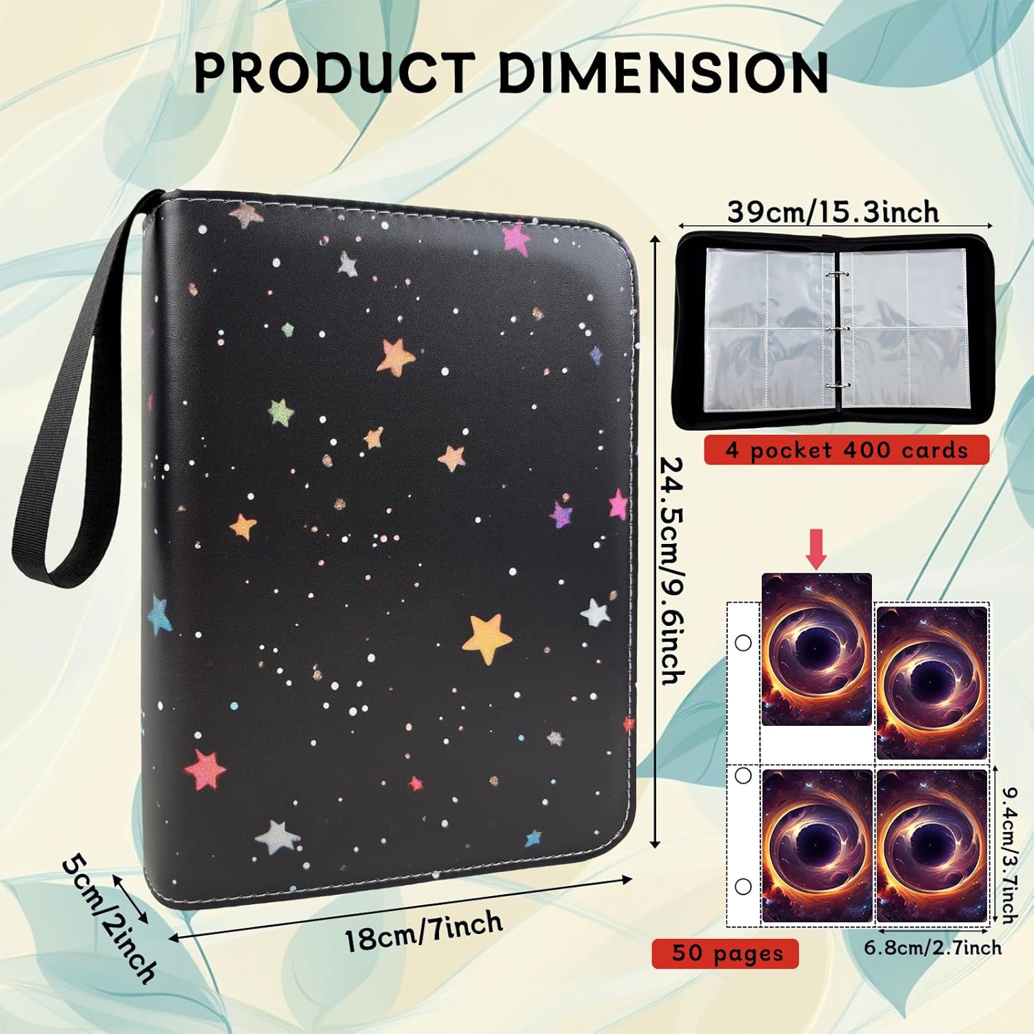 Card Binder 4 Pocket Holder 400 Cards With Zipper,Collection Binder Album Case with 50 Removable Sleeves for Trading Cards