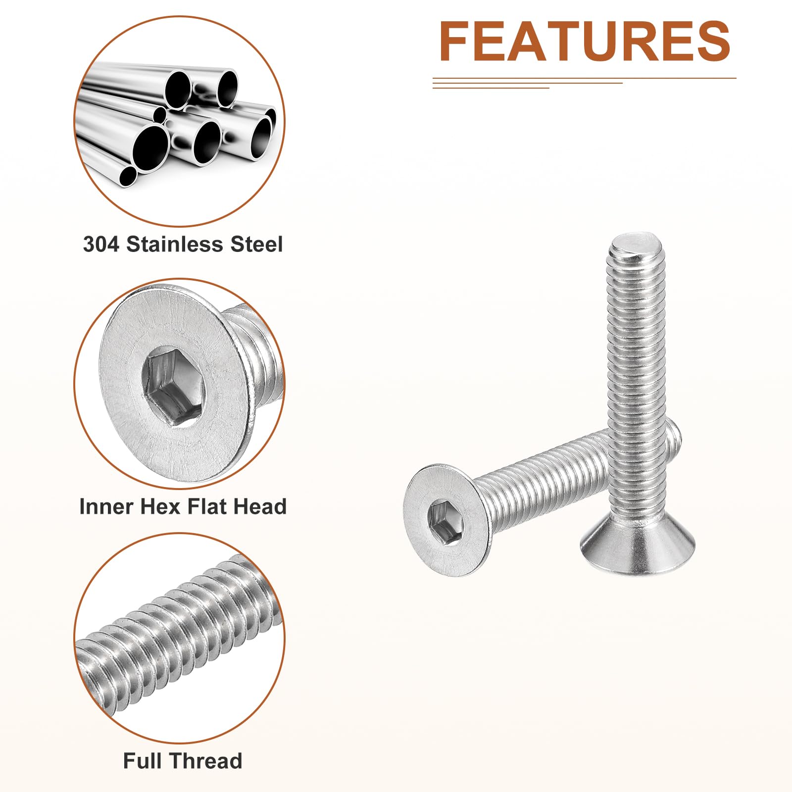 DTGN 5/16-18 x 1-3/4" Flat Head Socket Cap Screws, 10 Pack 304 Stainless Steel Hex Socket Flat Head Screws, Full Thread - Image 4