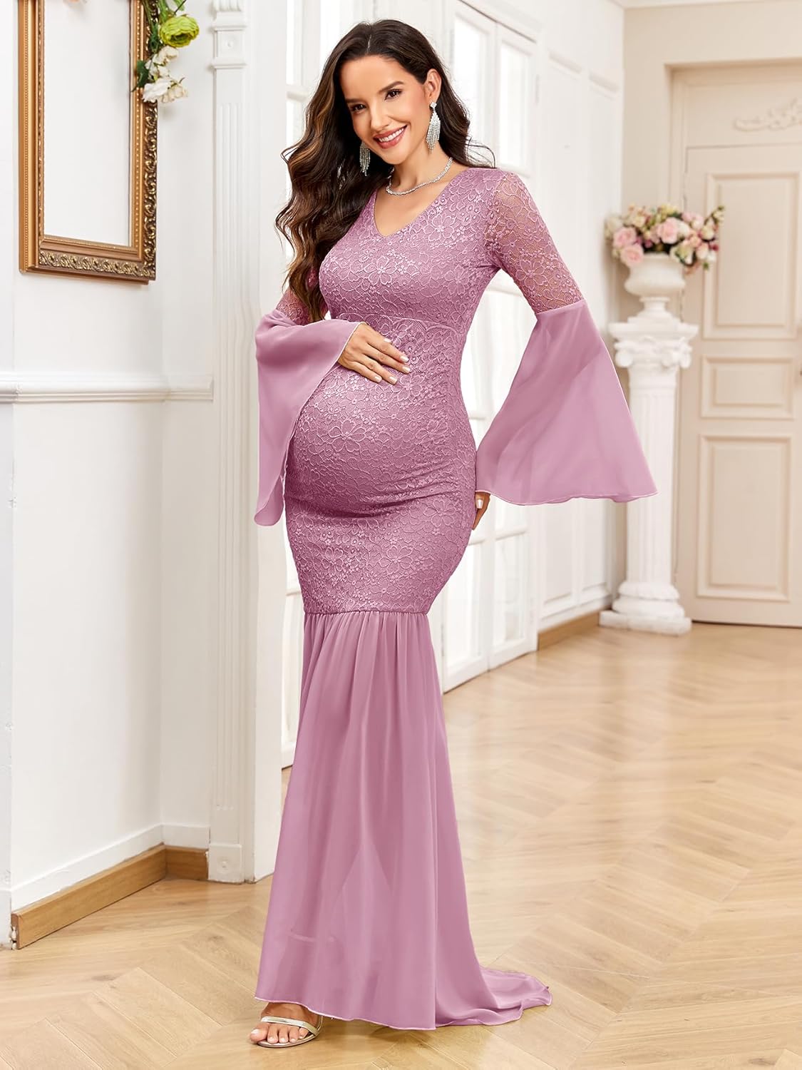 Maternity Dress Baby Shower Long Bell Sleeve Floral Lace Contrast Chiffon V-Neck Mermaid Pregnancy Photoshoot Gown - Image 3