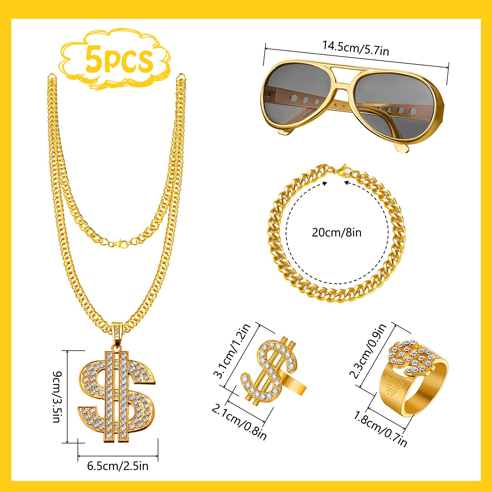 Kostium alfonsa 5 części Hip Hop Dollar Chain & Ring Shadow Wizard Money Gang Gold Chain Okulary przeciwsłoneczne 80s i 90s Strój męski Akcesoria Kostium karnawałowy
