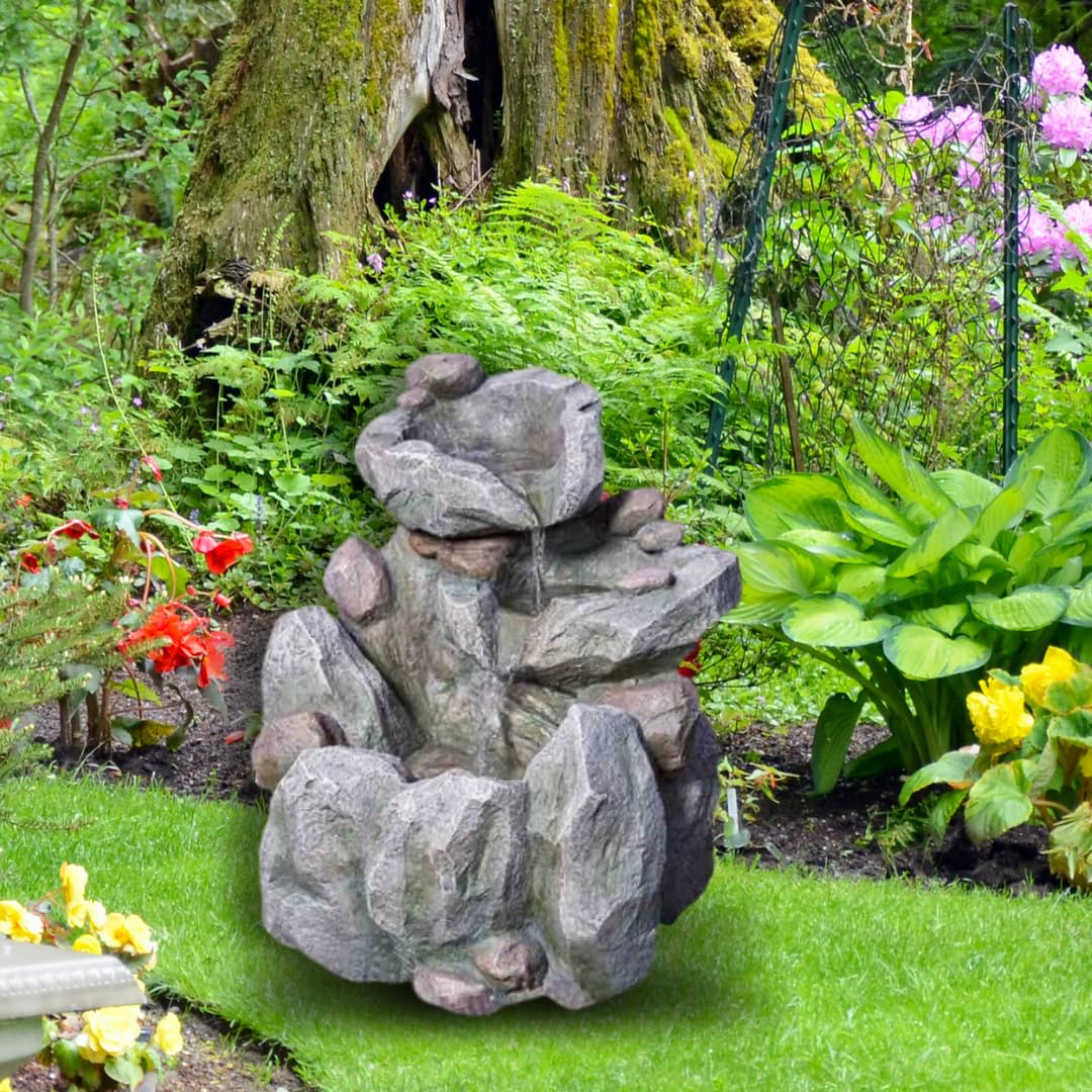 Garden Mile Modern Rock Fall Fuente de agua – Cascada al aire libre con energía solar de resina reciclable – Adornos de jardín, centro de mesa decorativo al aire libre para estanque, patio y
