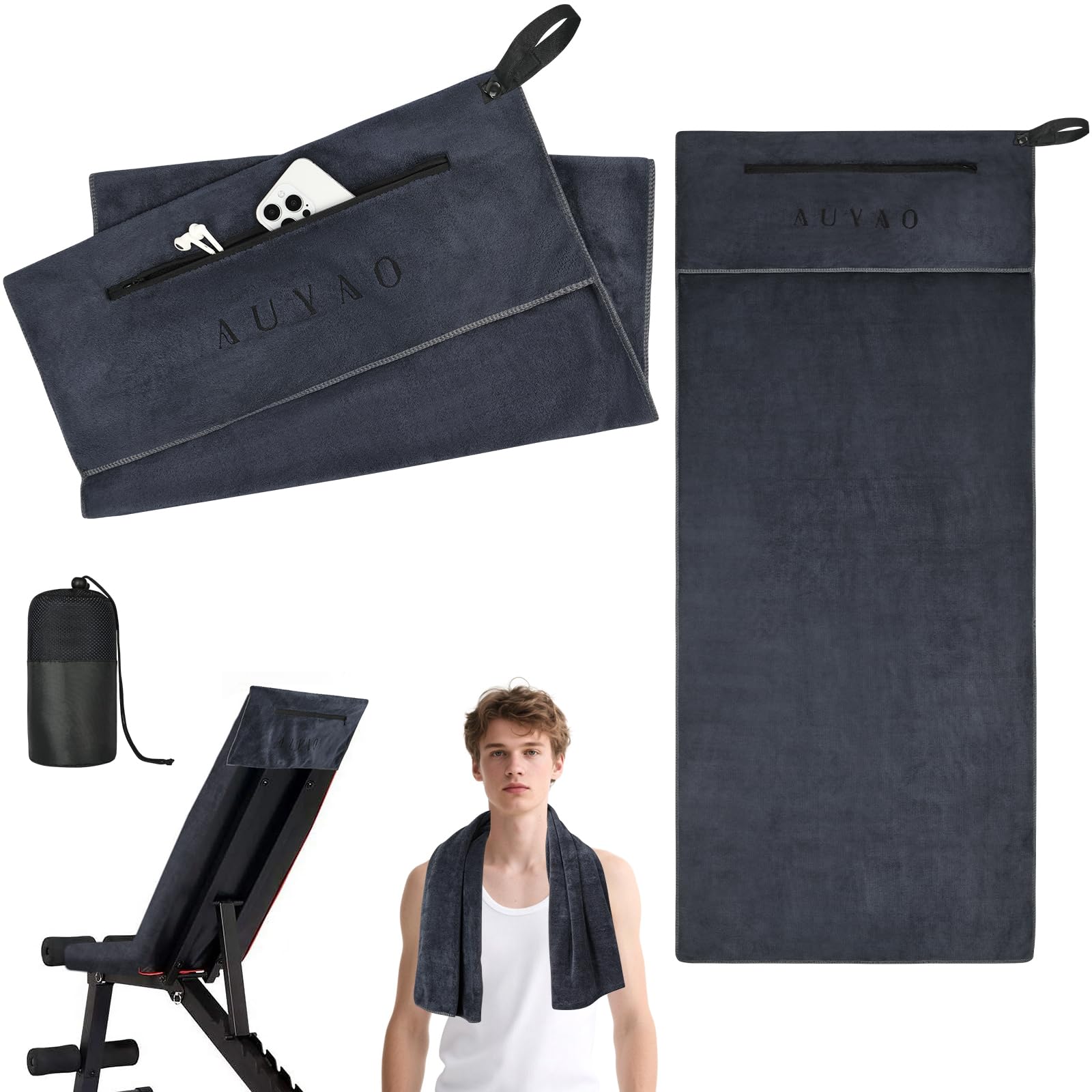 AUYAO Fitness Handtuch 2Pcs Kühlendes Handtuch+Rutschfest Fitnesshandtuch mit Reißverschlusstasche Schnelltrocknendes Sporthandtuch Gym Handtuch Handtücher für Travel Swim Hiking Camping Yoga Outdoor