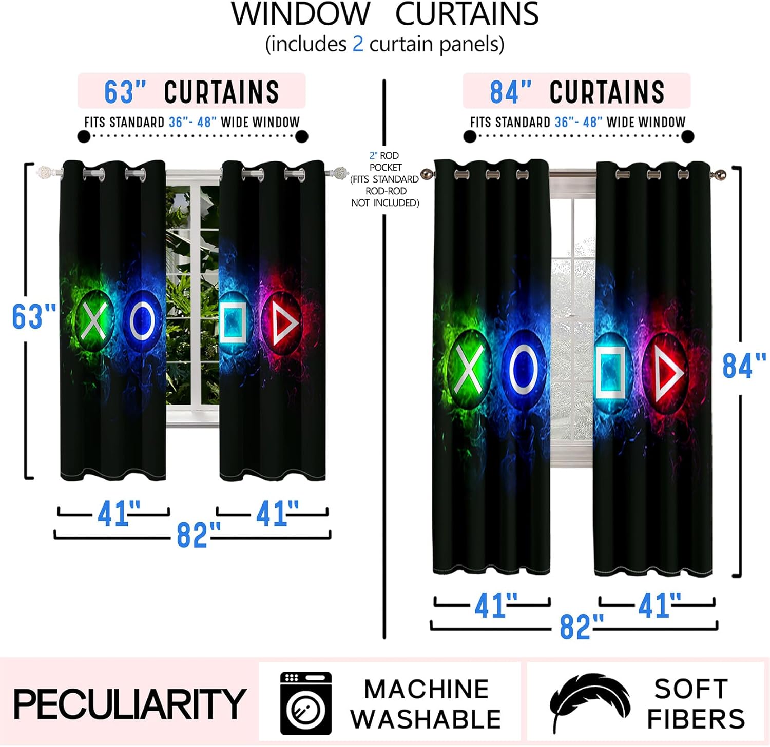 Gamer Curtains for Boys Bedroom, Kids Game Video Gamepad Blackout Window Curtains Teens Boys Gaming Room Decor Colorful Kids Blackout Curtains for Bedroom Living Room Playroom Curtains, 82 In x 63 In - Image 5