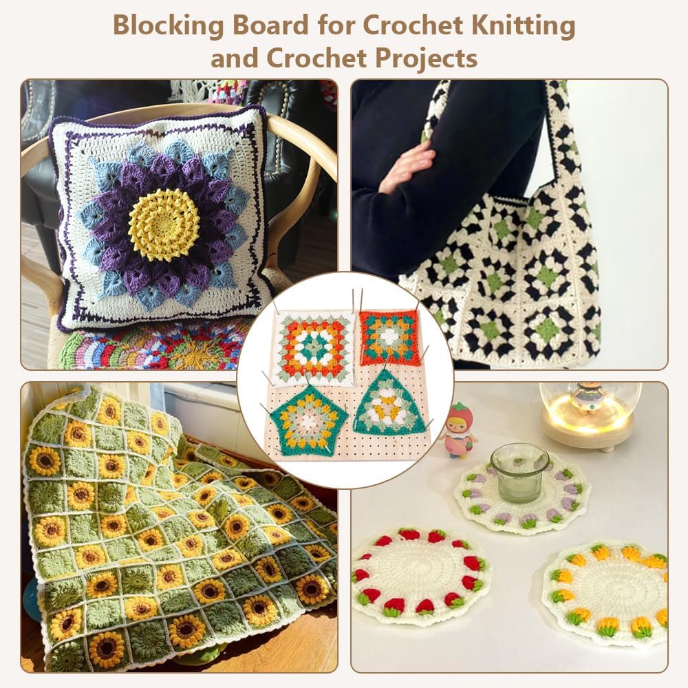 KITERI Crochet Blocking Board Granny Square Blocking Board Wooden Crochet Blocker Knitting Blocking Board with 20 Steel Pins 5 Large Eye Needle, 12 Colored Yarn, 20 Stitch Marker, Gifts for Mothers