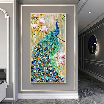 Amazon.co.jp: 伝統的な中国の幸運の風水孔雀のキャンバス絵画グリーン