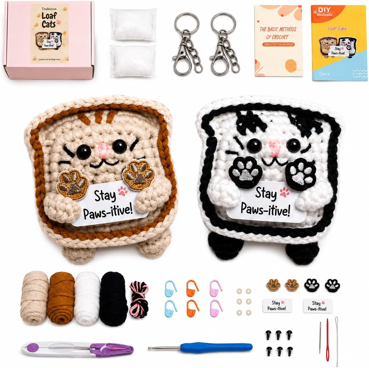 Tsukuzua Crochet Kit for Beginners, 2 Pack Loaf Cat Crochet Animal Kit for Adults, Step-by-Step Video Tutorials, with Paper Guide and 40% Extra Yarn, Cute Bag Charm for Cat Lover Gifts