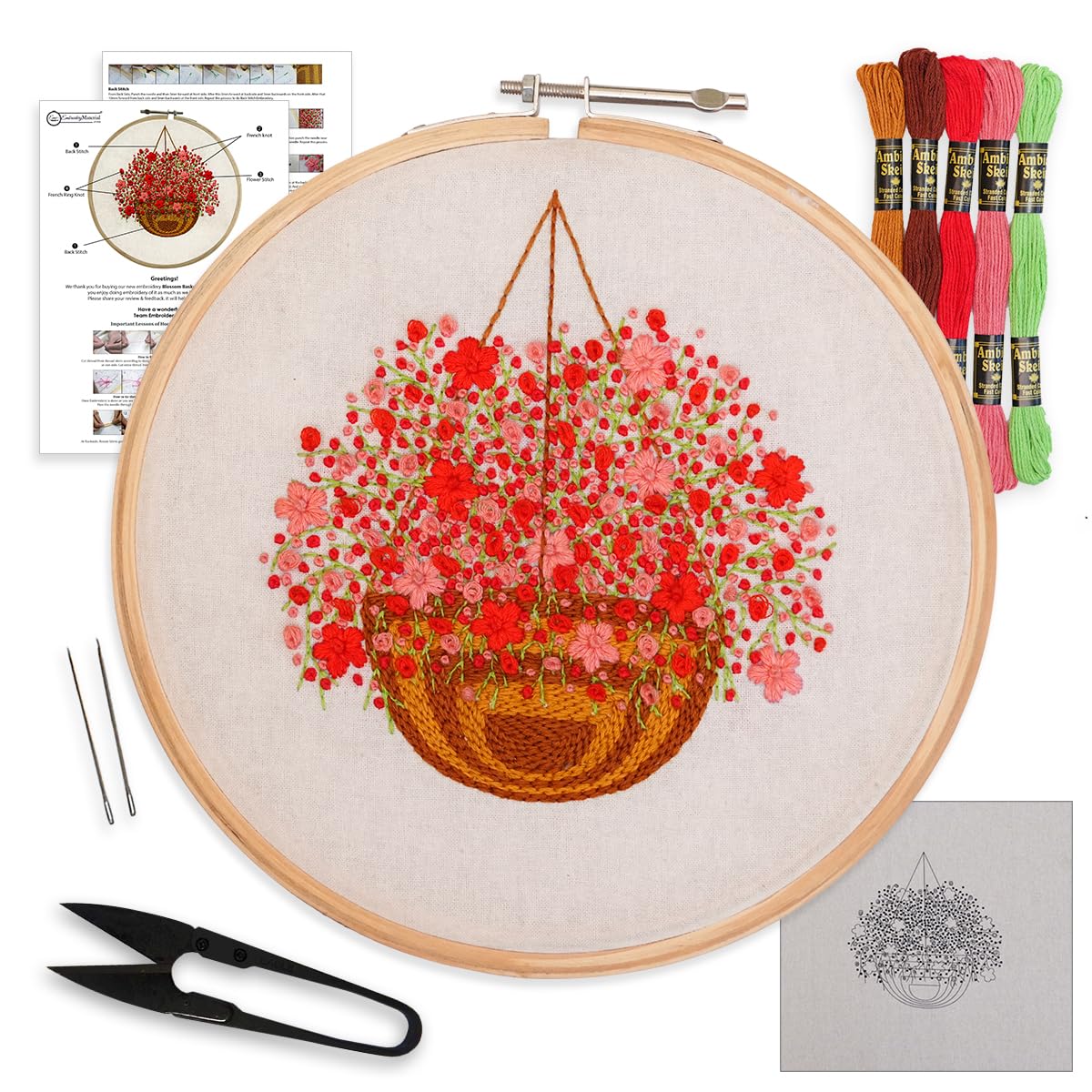 Embroiderymaterial Paper Embroidery Kit For Beginners/Cross Stitch Blossom Basket Design Digital Printed Cloth & Written Instructions All Material Included. (Blossam Design),Multicolor