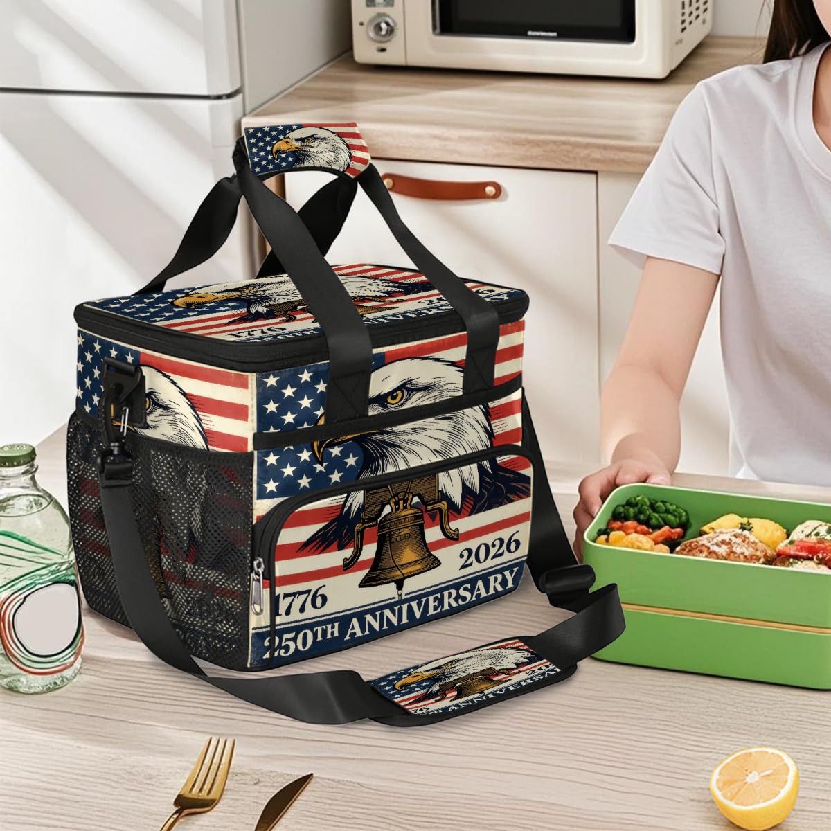 Grand sac isotherme de camping pour pique-nique, 250e anniversaire de mariage, motif aigle, liberté, cloche, sac à déjeuner et boîte à déjeuner pour homme et femme, 20 l