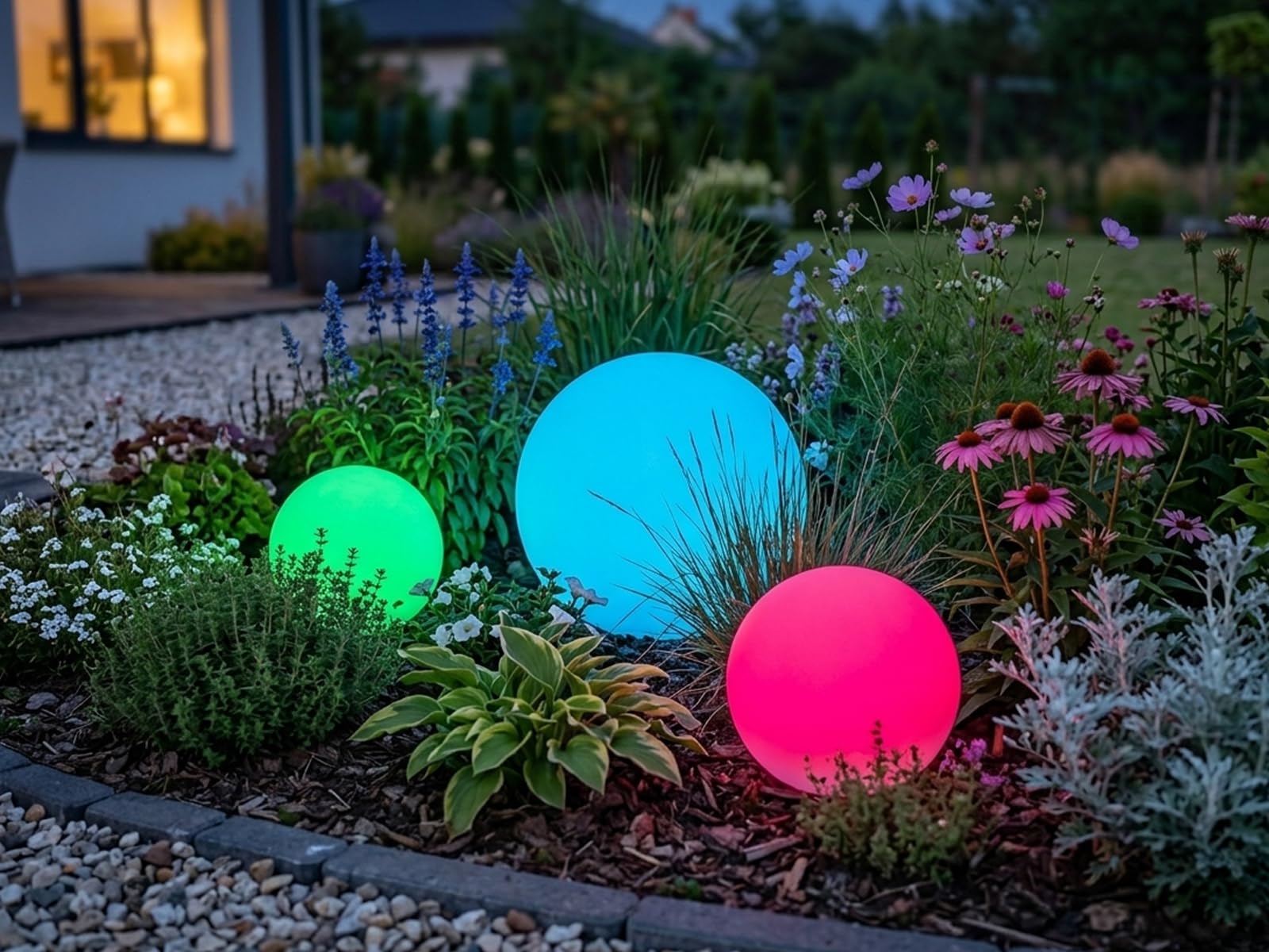 meineWunschleuchte Set di 3 sfere solari a LED, 20 cm e 30 cm | RGBW, cambia colore, telecomando, lampada solare a sfera, per giardino, terrazza e balcone, IP67
