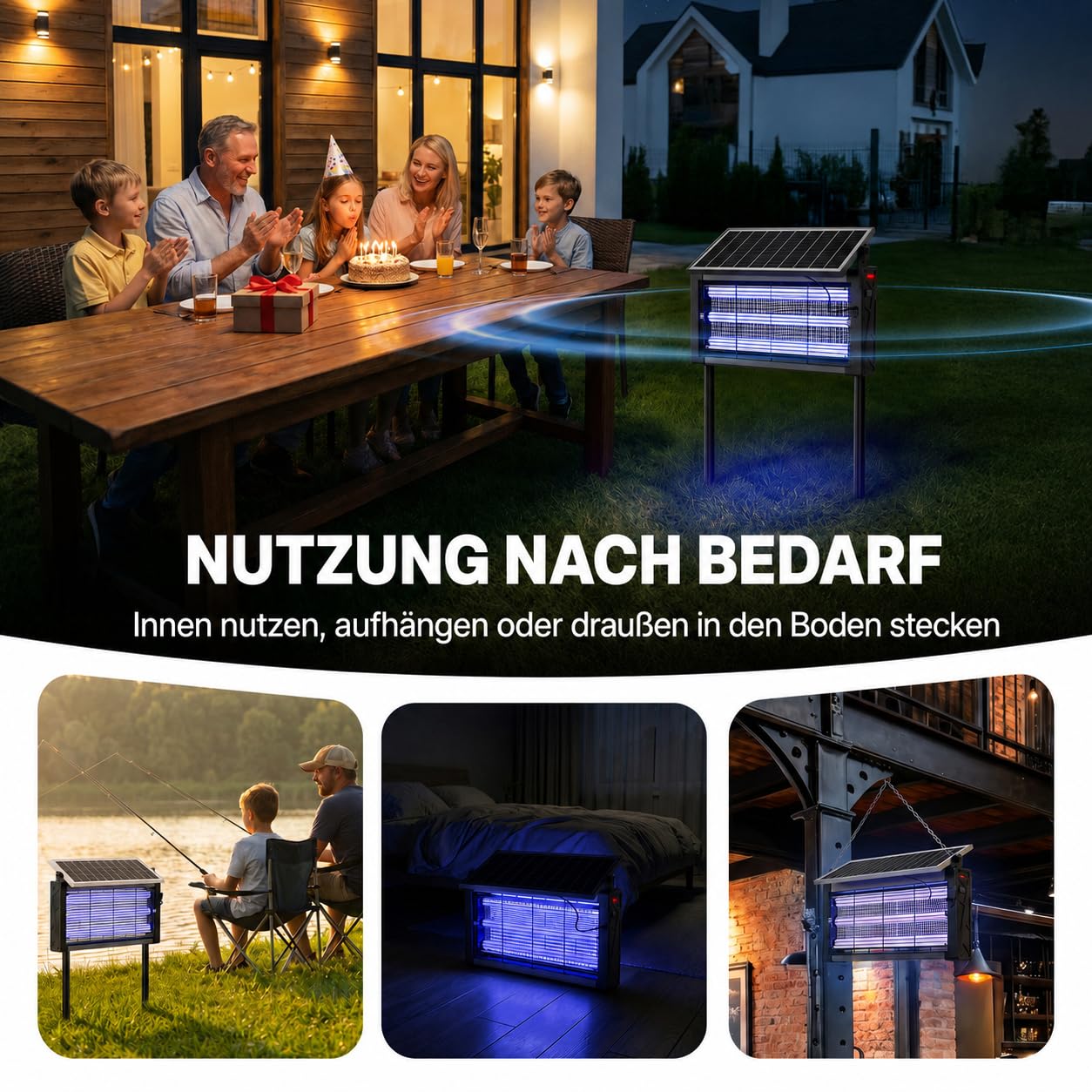 OGERY Solar-Insektenvernichter für Außen, 3000 V Mückenfalle, 3 UV-Röhren, 6000 mAh Akku, per USB wiederaufladbar, IPX4, Dämmerungssensor, 4 m Kabel und Erdspieß für Garten, Terrasse, Camping