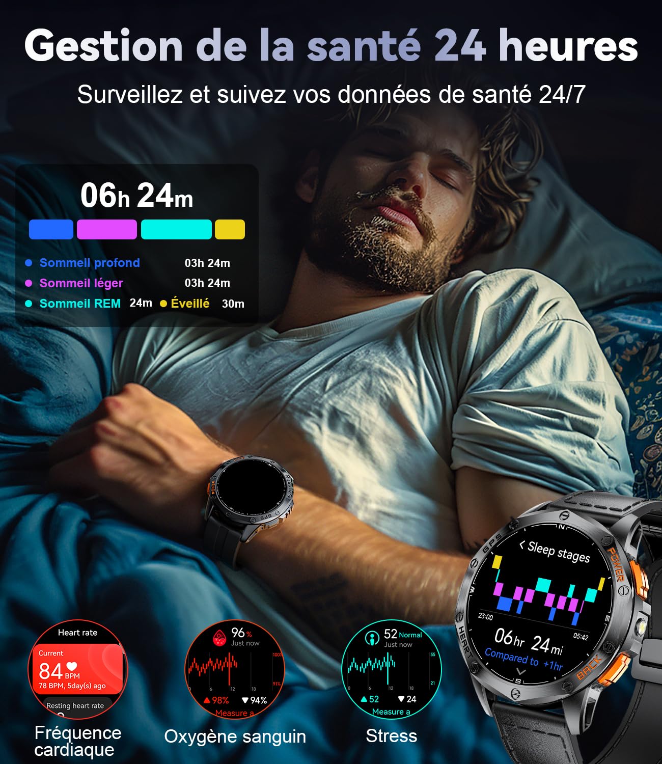 Montre Connectée pour Hommes avec GPS Intégré, Lampe de Poche,10ATM Étanche, 600mAh 30 Jours Grande Batterie Fitness Smartwatch 110+ Modes Sportifs 24/7 Surveillance de la Santé pour iOS Android