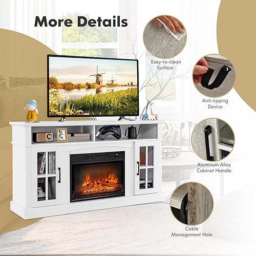 Miniatura 9 de COSTWAY Soporte eléctrico para TV con chimenea para televisores de hasta 65 pulgadas, calentador de 1400 W con control remoto, temporizador de 6
