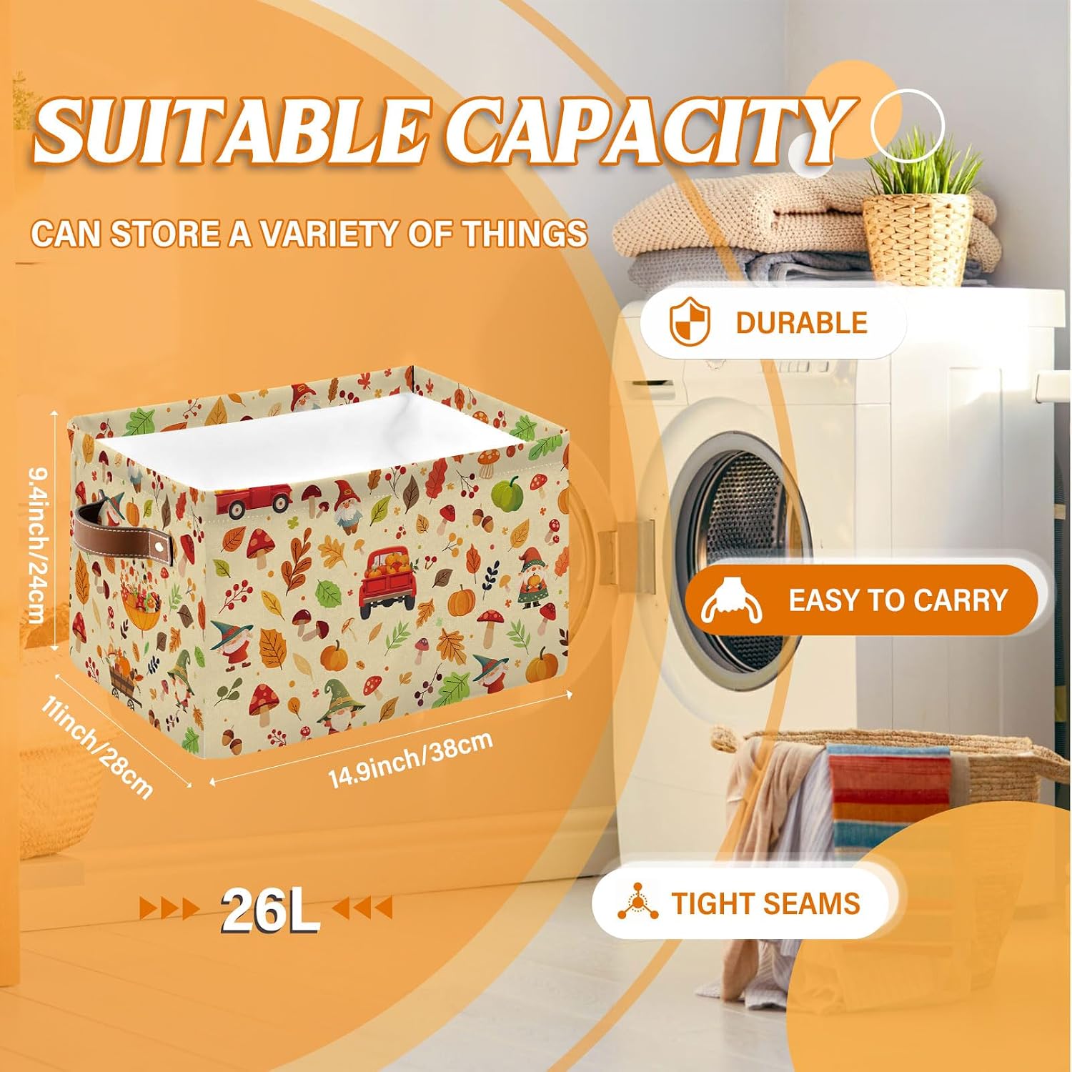 Pumpkin Fall Laundry Basket, Autumn Storage Bins with Handles for Toy, Collapsible Laundry Hamper for Friend, Maple Leaf Cart Basket for Shelves Bedroom, Gifts for Chritsmas Thanksgiving 14.9x11x9.4in image 5