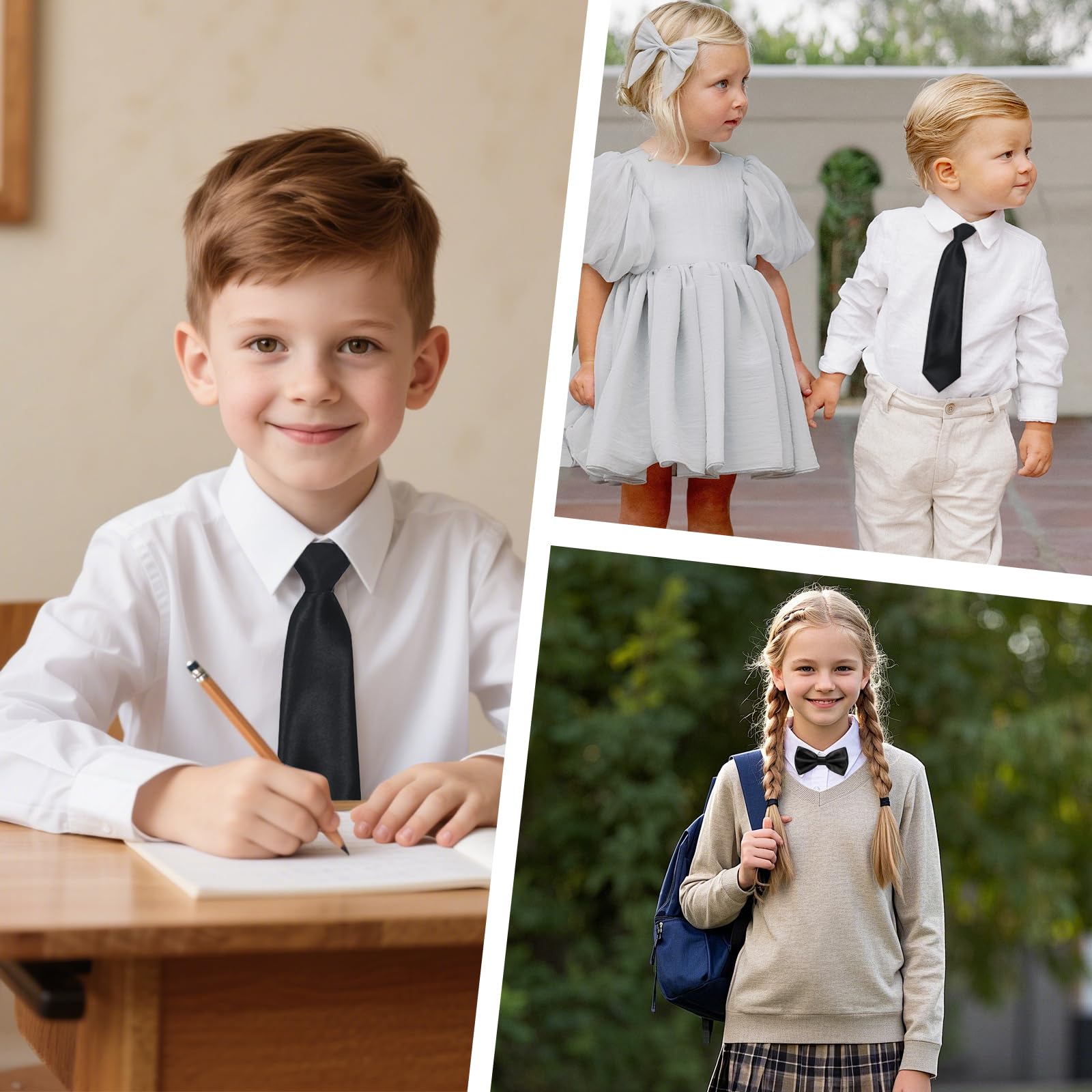 4 Piezas Corbata Negra Niño Ajustable Pajarita Niño, Suave Elástico Corbatas para Niños Niñas Fácil de Poner, Preanudado Cumpleaños Ceremonia Festiva Escolar