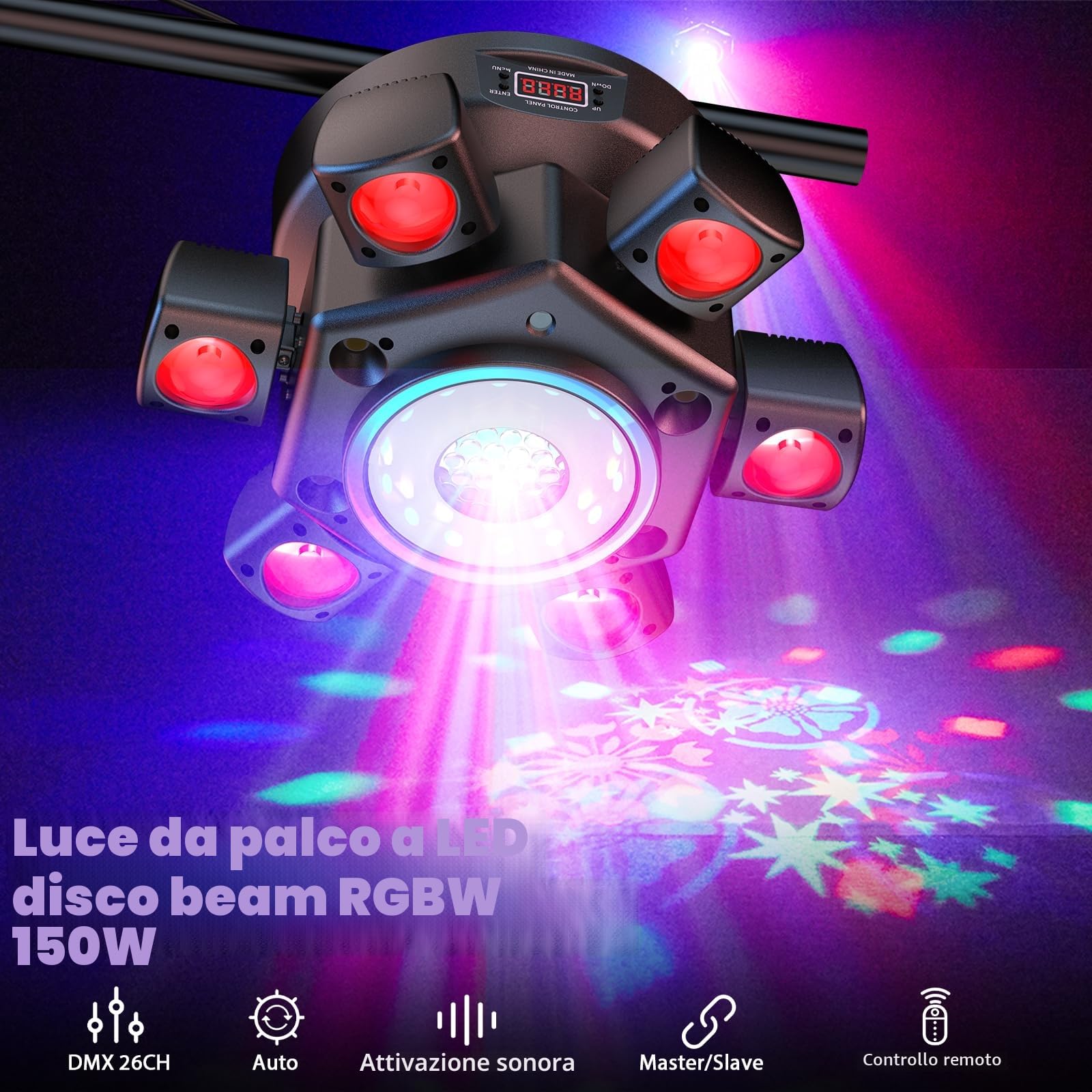 150W Teste Mobili LED con Telecomando RGBW Luci Discoteca 26CH Gobos Beam Moving Head Luci da Palco per DJ Bar Casa Feste Club Palcoscenico
