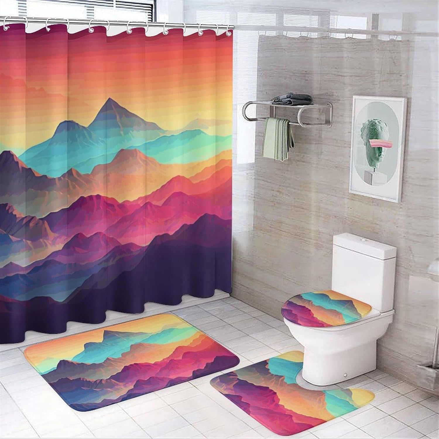 4 Piece Bathroom Rug Set with Shower Curtain, Non-Slip Bath Mat Toilet Cover Set, Color Mountain Gradient Bathroom Rug Sets