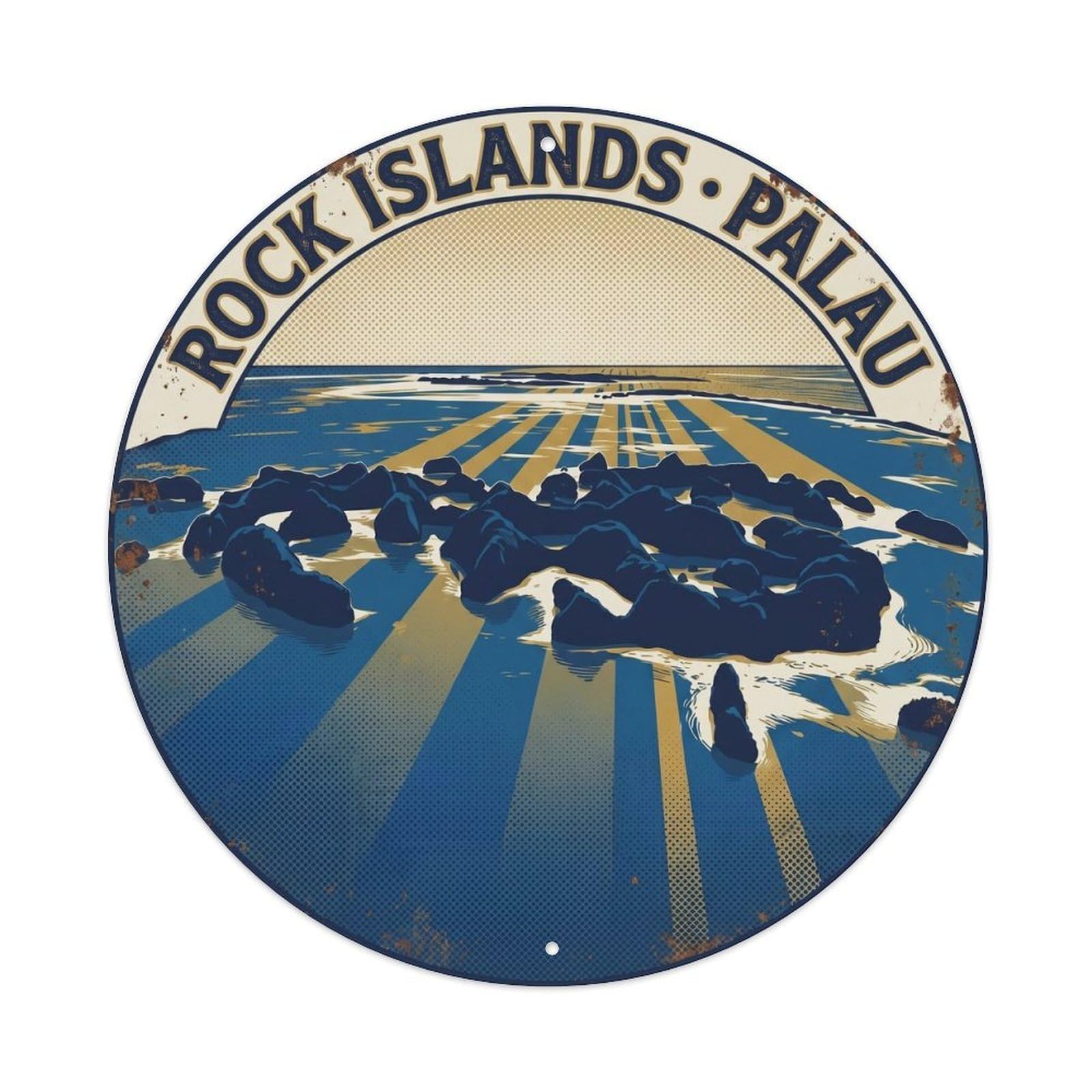 Olyhtr 8X8inch Classic Style Navy Gold Aerial Palau Rock Islands Retro Lagoon Metal Tin Sign