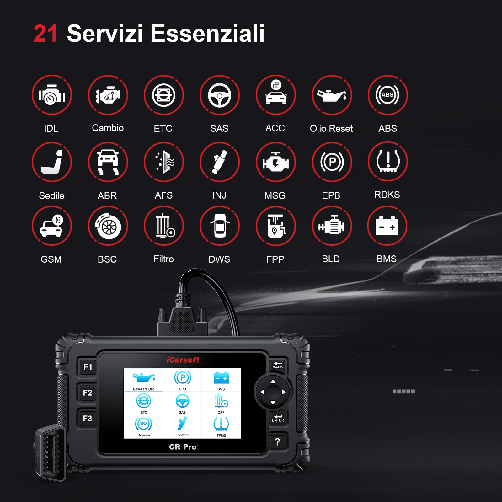 iCarsoft CR Pro+ OBD2 Auto Diagnostica, Diagnosi Auto Professionale in Italiano per Tutti i Sistemi, 49 Funzioni di Ripristino, Scansione Bidirezionale, Test della Batteria, Aggiornamento a Vita