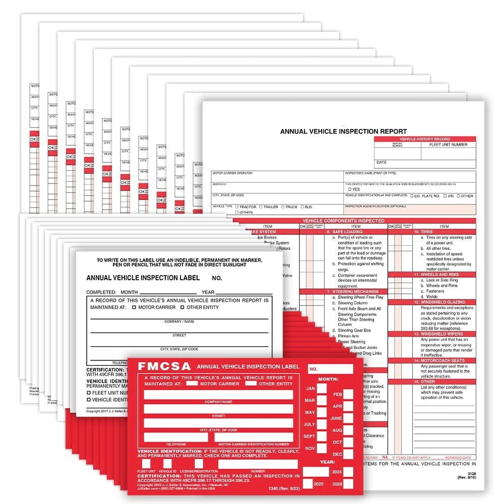 J. J. Keller 10-Pack, Annual Vehicle Inspection Report Form with Vinyl Label 2-Ply and FMCSA Label Aluminum, 3-Ply Carbonless Form, DOT Compliant