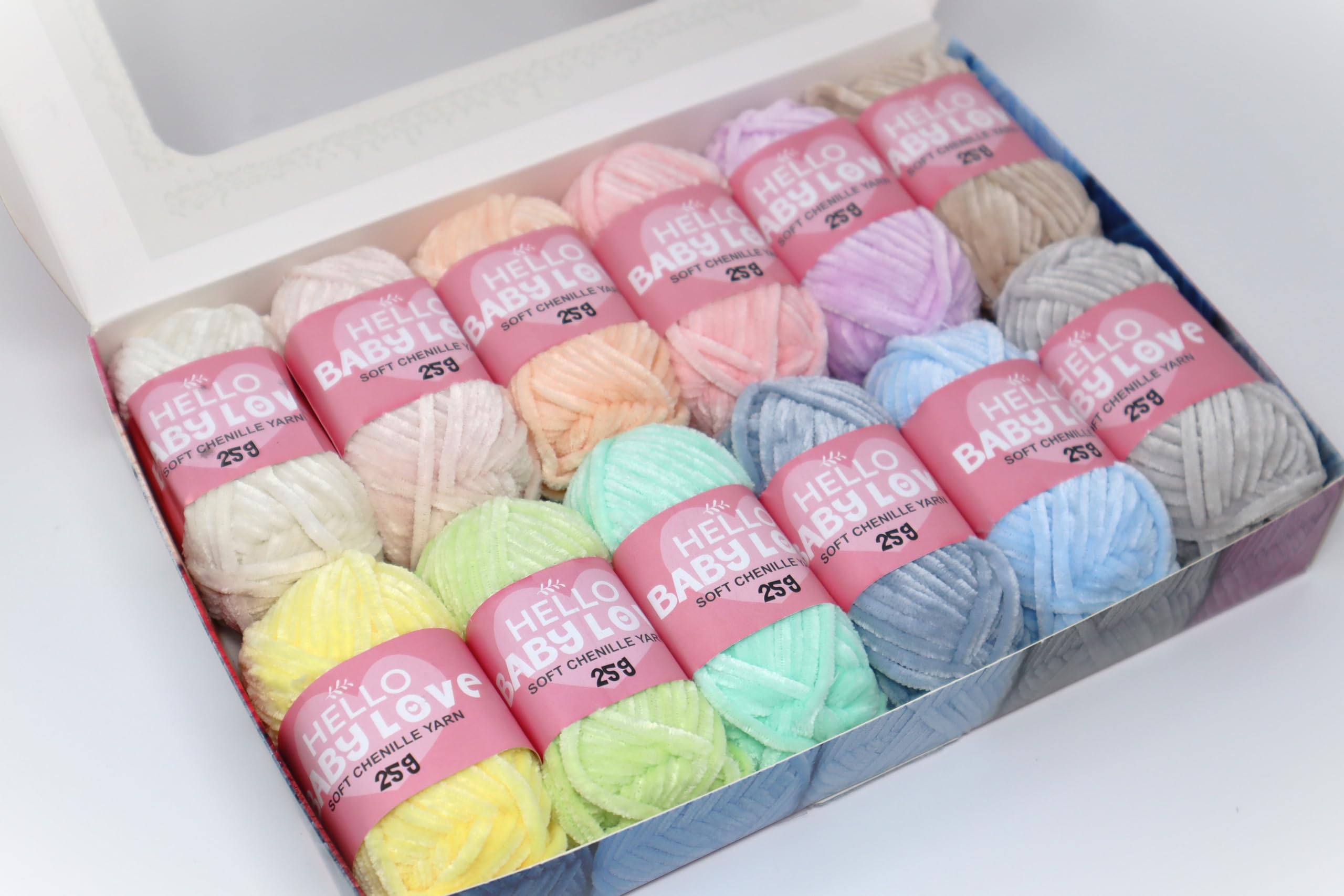 Fil chenille doux Hello Baby Love pastel : lot de 12 pelotes de 25g pour tricot et crochet