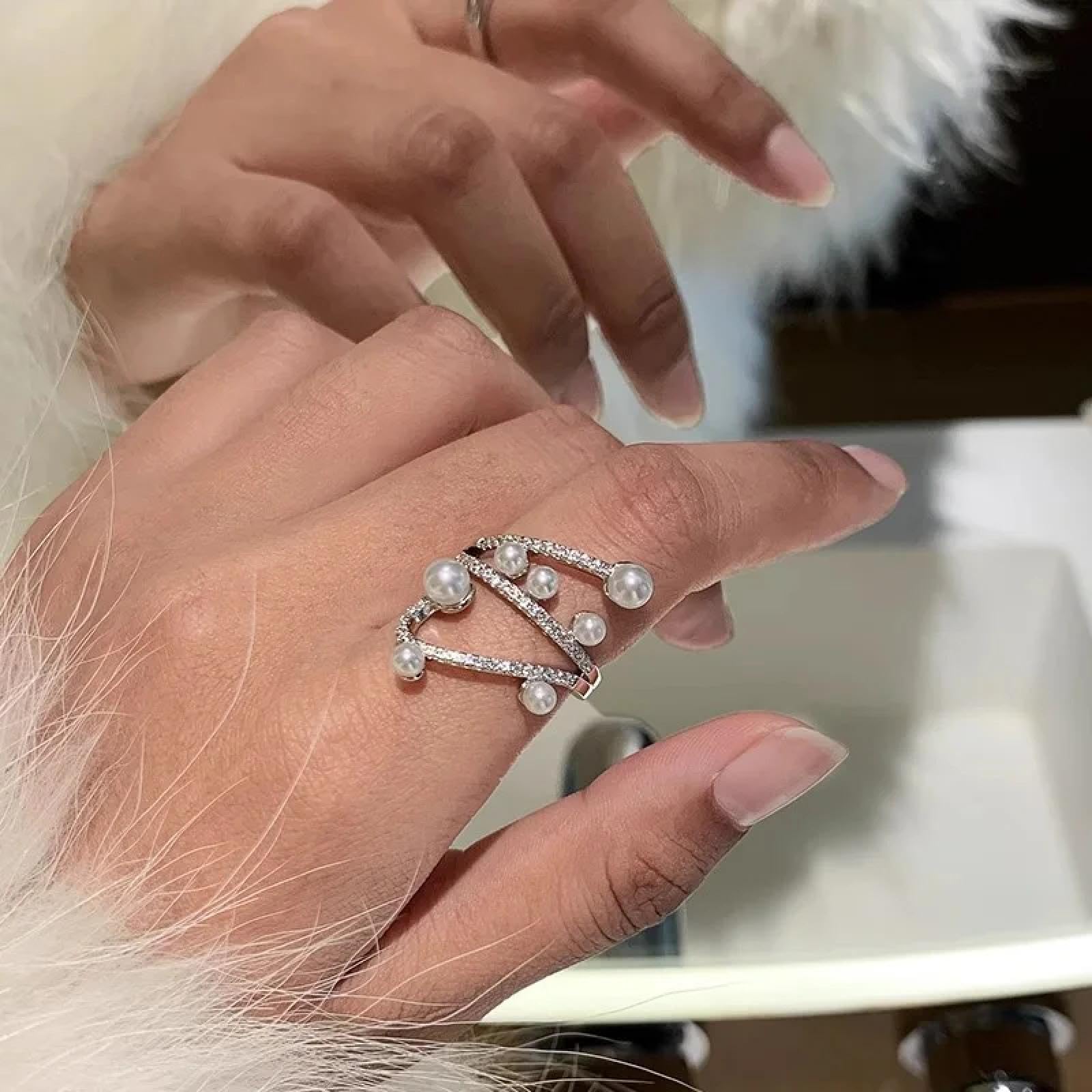 Ring Ringe Damen Bijouterie Herren Offener Ring Mit Geometrischen Linien Und Mehreren Perlen Und Zirkonia Für Damen, Nischendesign, Modischer Trend, Exquisiter Zeigefingerring
