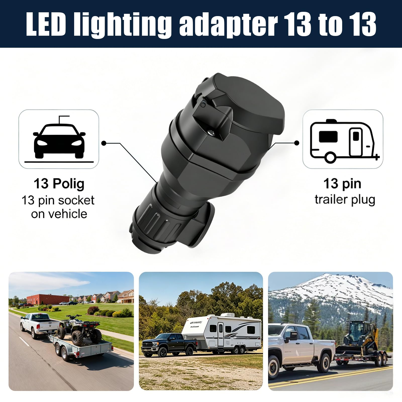 Wtyczka do przyczepy, 13-biegunowa na 13-biegunowa, adapter do przyczepy, 12 V, gniazdko 13-biegunowe, wtyczka 13-biegunowa z oświetleniem LED, gniazdo wtykowe do przyczep, kamperów