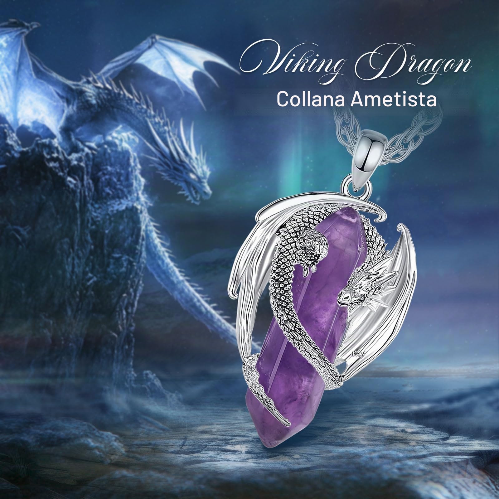 AEONSLOVE Collana Drago Vichingo con Cristallo, Ciondolo Drago con Ossidiana Pietra Occhio di Tigre Collana Ametista Corniola per Uomo Donna Gioielli Cristalli Chakra Regalo Cristalloterapia