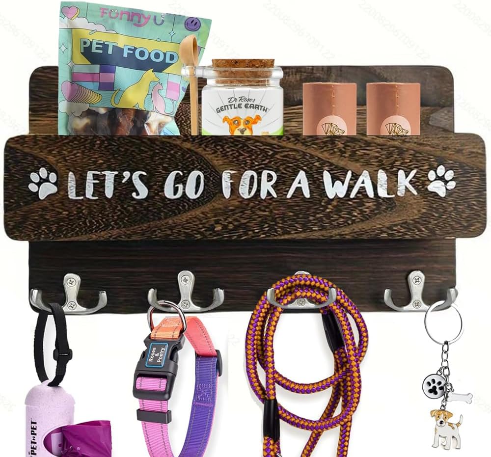 Wood Dog Leash Holder for Wall, Key Hangers with 4 Double Key Hooks, Dog Leash Hanger Wall Mounted for Entryway, Farmhouse Treats,30cm, Black