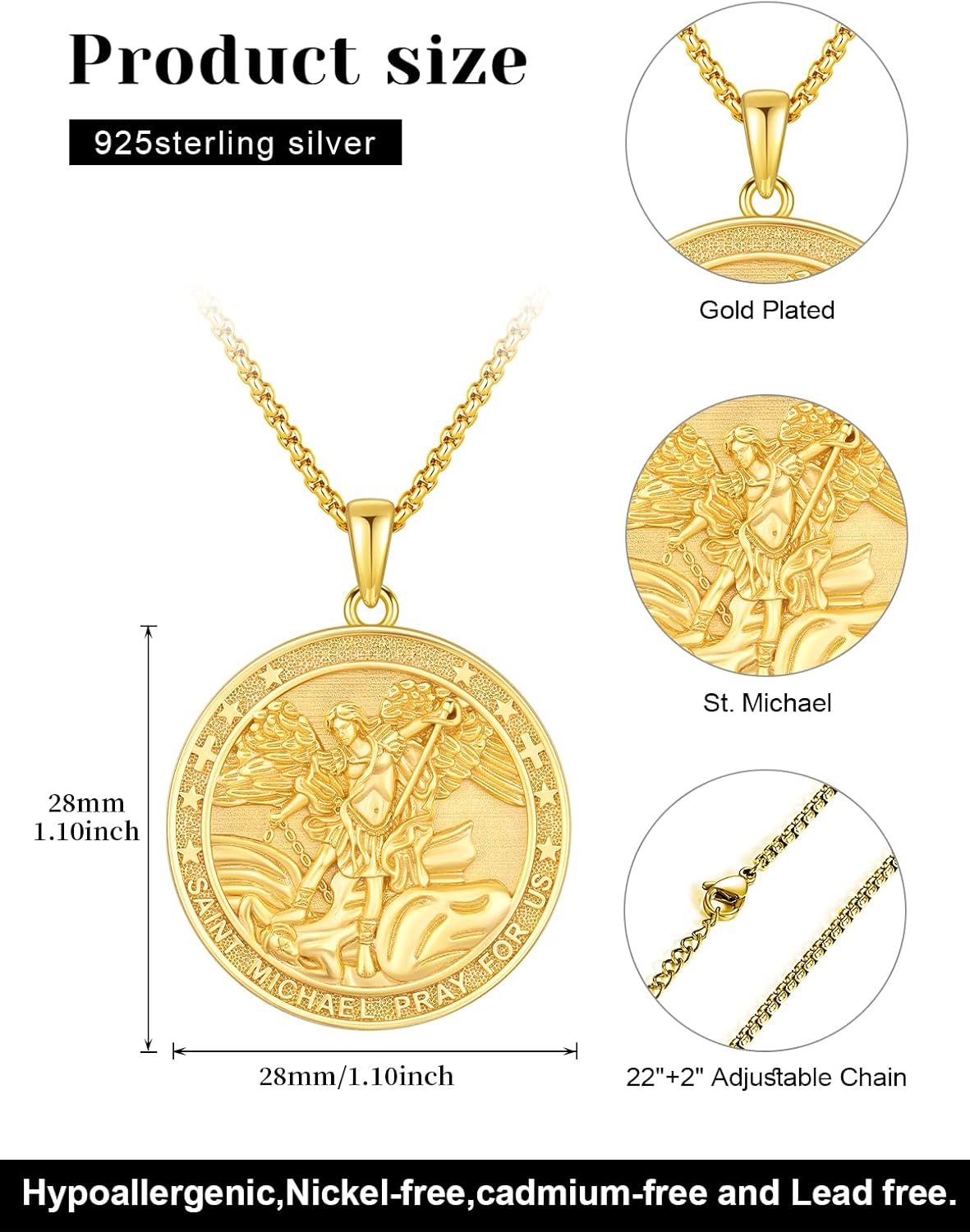 Midir&Etain Saint Michael Necklace 925 Sterling Silver Gold Plated Archangel Michael Pendant Patron Amulet Medal Catholic Jewelry Gifts for Men Women - Image 6