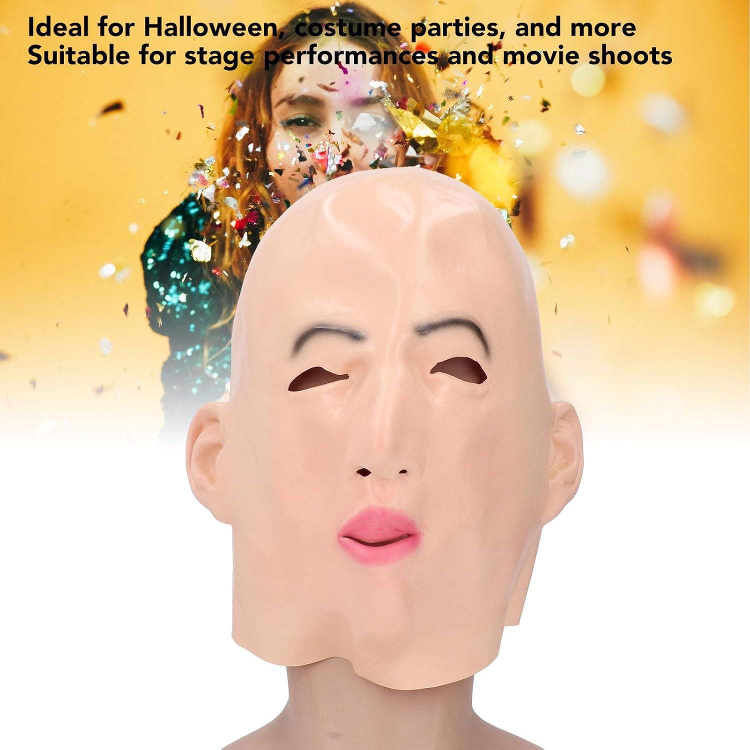 Dioche Full Head Human Lady Latex Face Lifelike Eye Holes Latex Female Face for Cosplay Party Crossdressing