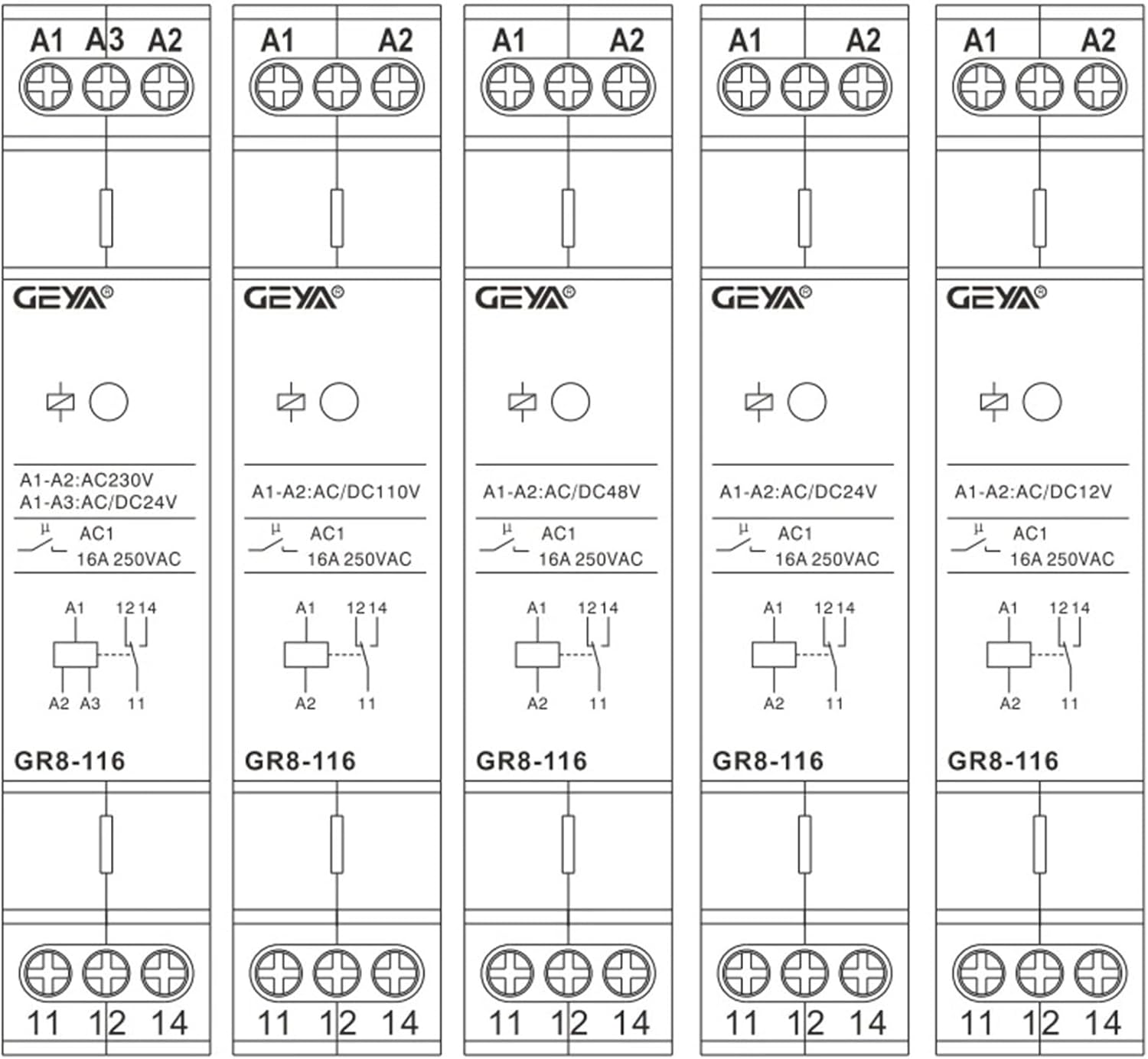 GR8-116 Intermediate Relay Auxiliary Relay AC DC 12V 24V 48V 110V 230V Switch Relay 16A Approval(GR8-116-ACDC12V)