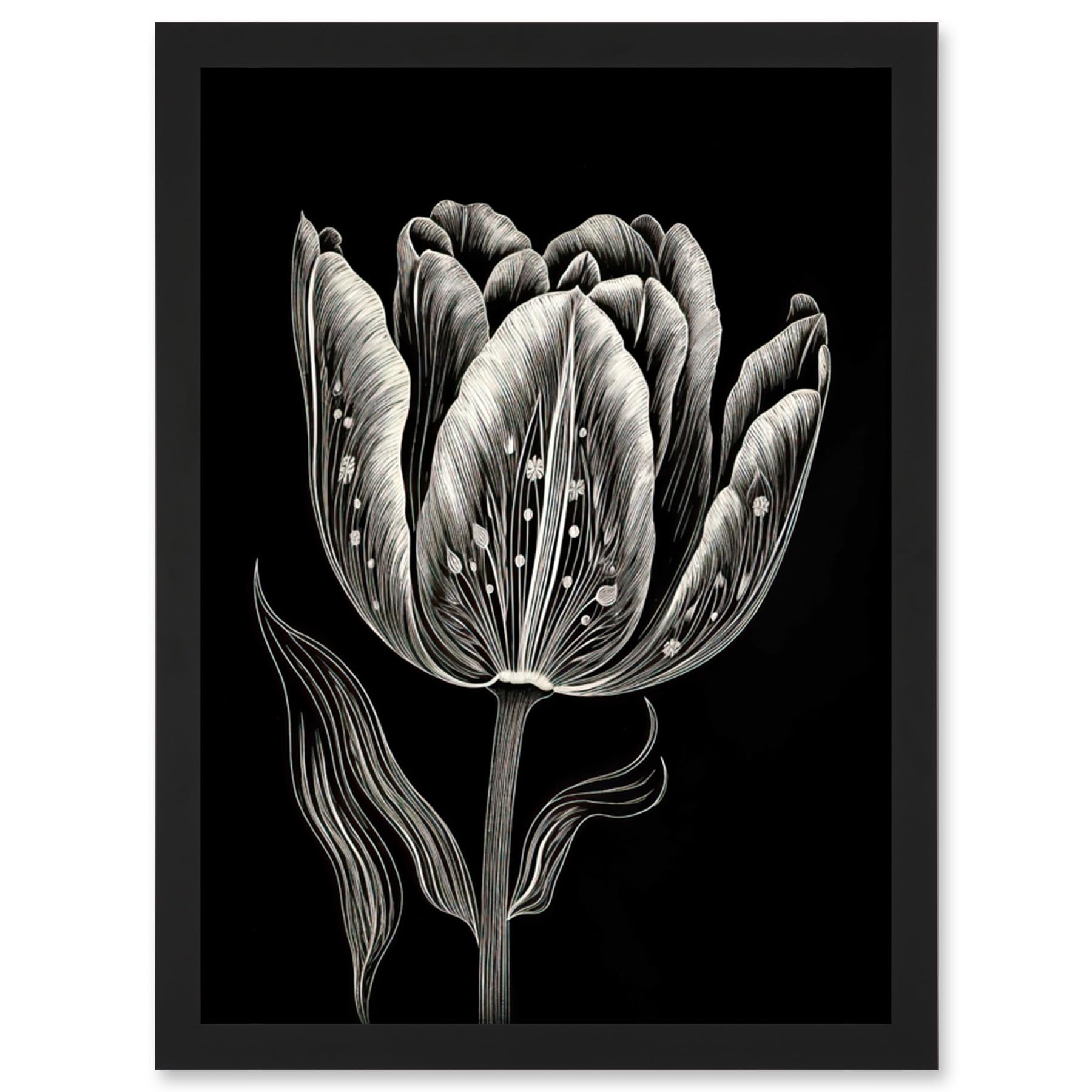 Artery8 Tulip Flower White on Black Blind Contour Folk Art Artwork Framed Wall Art Print A4